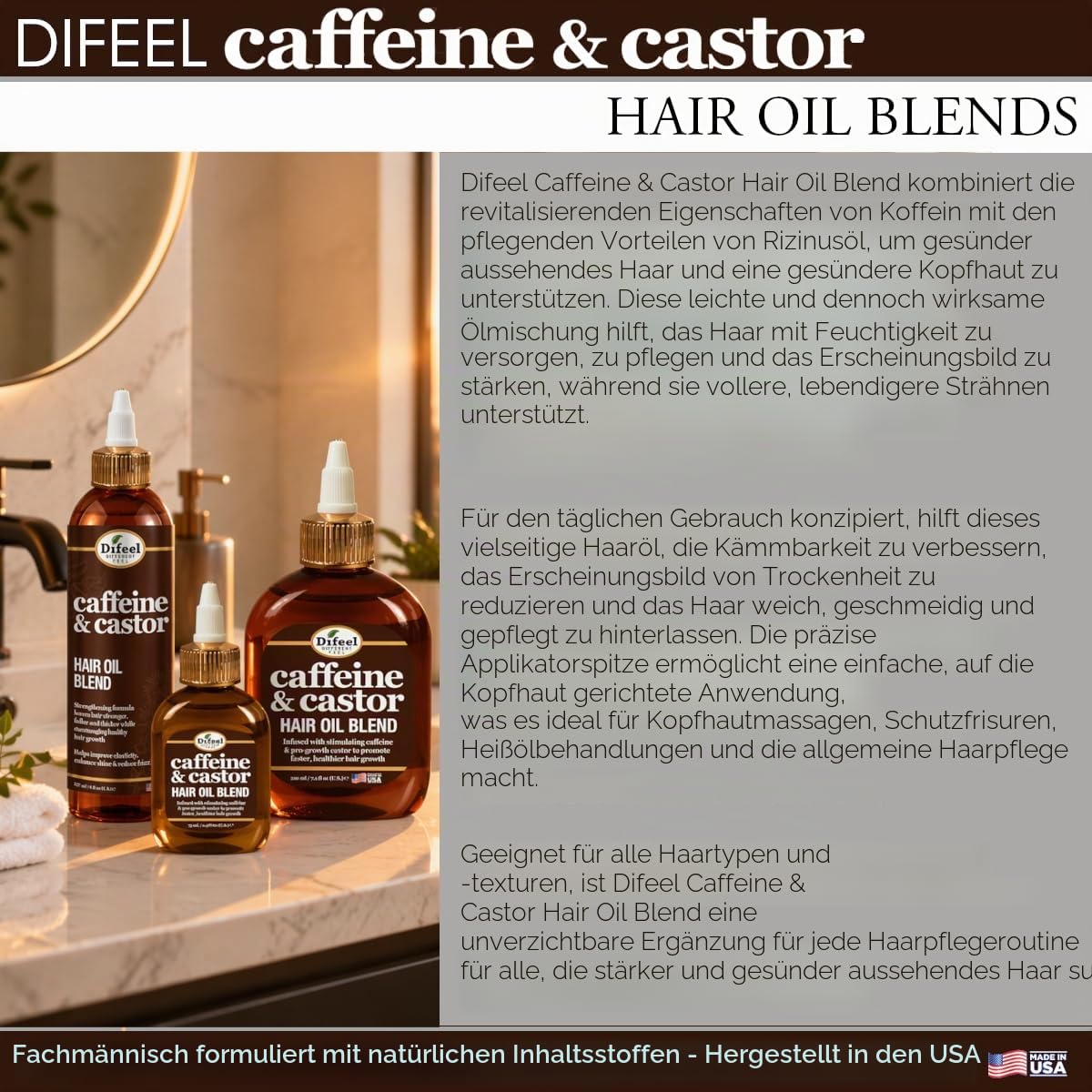 Difeel 99% natürliches Premium-Haaröl – Koffein & Rizinus; schnellstes Haarwachstum; Haaröl 227 ml