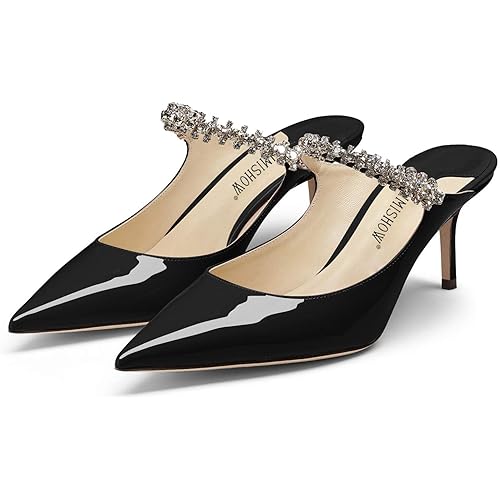 Jimishow Mule Heels Mules For Woman Rhinestone Mule Sandals Strappy Pointy Closed Toe 2.5 In Pumps Bridal Dress shoes Evening Stilettos Slide-on Size 5-13 US