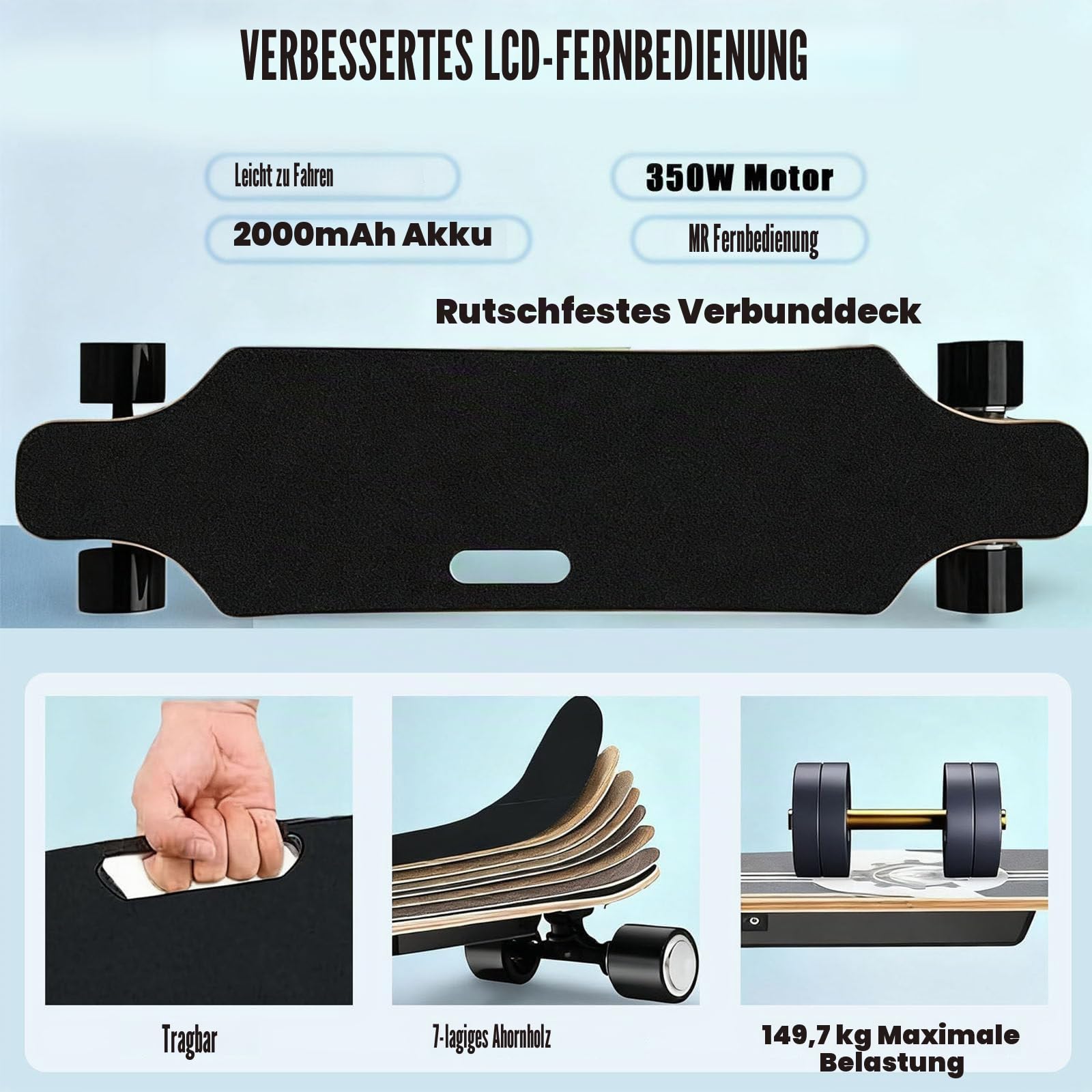 Elektro Skateboard Mit Fernbedienung, 350-W-Nabenmotor, 4 Geschwindigkeitsstufen Und 15 Km Reichweite, 90 Kg Tragkraft, Leichtes Longboard Für Anfänger Und Erwachsene