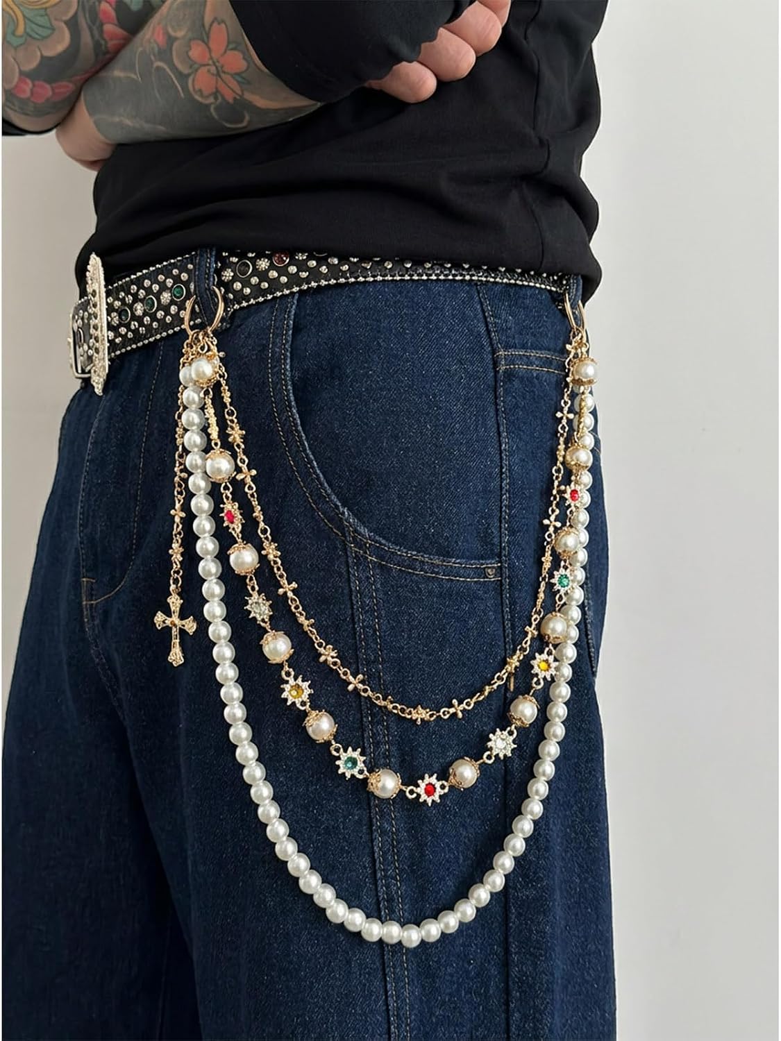 Gold Wallet Pants Chain for Men Women with Pearl Rhinestone Punk Gothic Accessories Hip Hop Layered Jean Chain for Pants Pocket Trousers Purse Biker