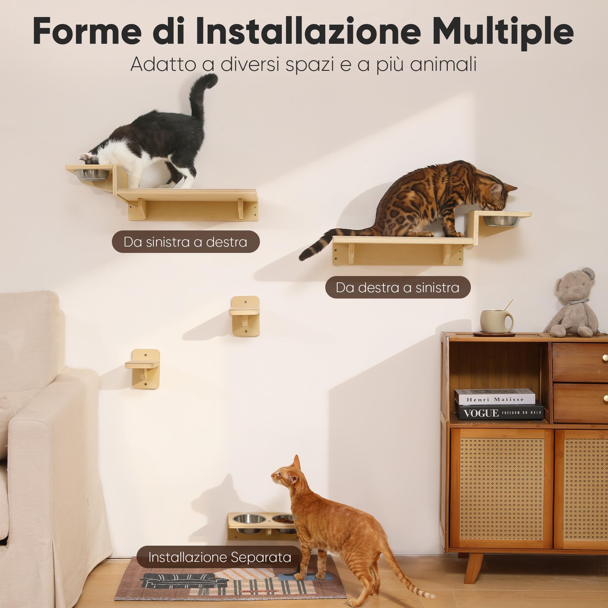 FUKUMARU Mensole per Gatti a Parete 3 in 1, Set con Stazione Alimentare e 2 Gradini, Mensola in Legno Massello, Spazio Risparmiato, Sicuro e Resistente, Adatto per Gioco e Riposo.