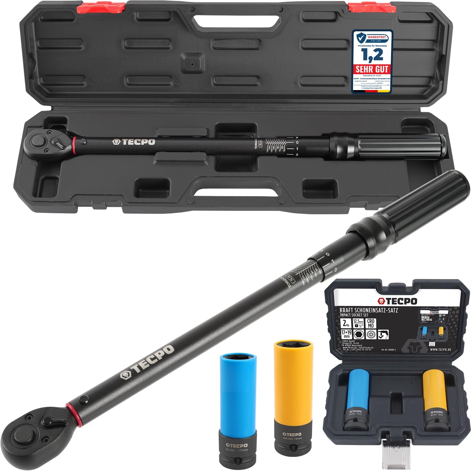 TECPO Llave dinamométrica 20-200 Nm + 1/2" Juego de llaves de vaso SW 17-19 mm