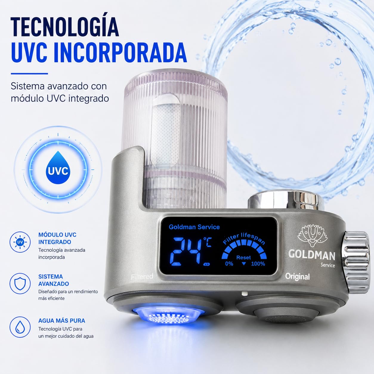 GOLDMAN SERVICE Filtro Purificador de Agua para Grifo con Pantalla Digital, Indicador de Temperatura en Tiempo Real, Filtro de Repuesto Incluido y 6 Adaptadores Universales