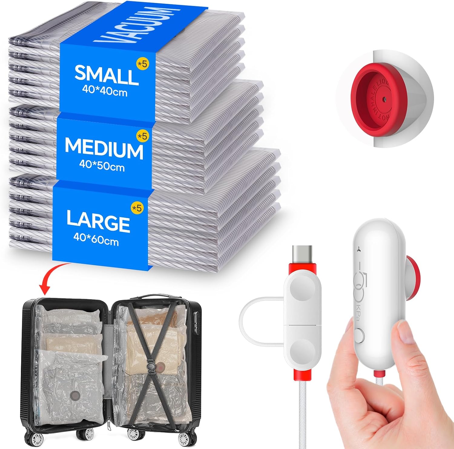 Vacuum Storage Bags Set with USB Pump, 15 Pack Carry-on Size Vacuum Bags for Travel, Space Saver Packing for Clothes and Clothing Travel