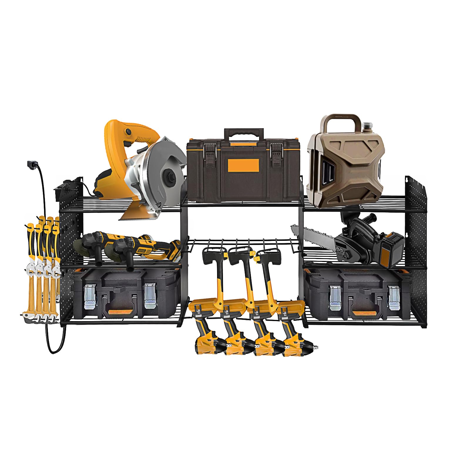 Support mural pour outils électriques – 3 couches de charges métalliques robustes de 90,7 kg, support mural pour 8 perceuses avec multiprise de 0,8 m, organiseurs d'outils de garage et support de