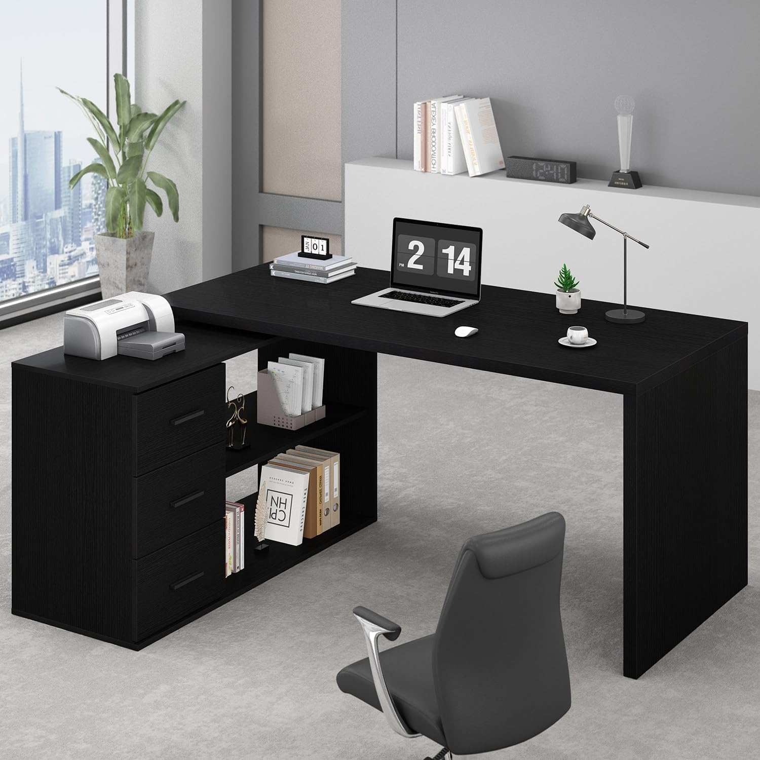 HSH Black Computer Desk with 3 Drawers and 2 Shelves, Reversible Home Office Corner Desk for Writing Study Work Executive, 152 Bedroom Wood Table Workstation Desk with Storage Cabinet