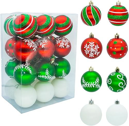 24 adornos para árbol de Navidad, adornos colgantes de bolas de Navidad de 2.36 pulgadas, juego de bolas de Navidad blancas, rojas y verdes, para