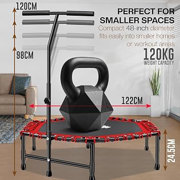 FK Sports 40/48 Foldable Fitness Mini Trampoline, Rebounder for Adults, Indoor With Adjustable Handle for Body Exercise Workout, Max Load-140KG