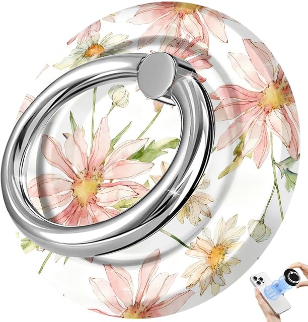 Magnetic Phone Ring Holder for MagSafe,360 Degree Rotation Magnet Cell Phone Grip Pink Daisy Design Stand Finger Ring Kickstand for Smartphone