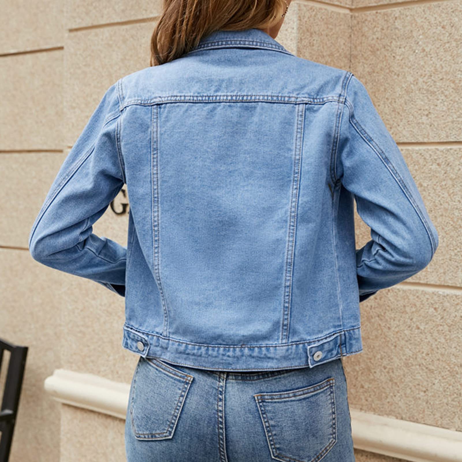 Veste basique en coton denim pour femme avec poches - Veste en jean - Blazer long - Couleur unie - Veste décontractée - Coupe-vent - Élégant blazer d'affaires