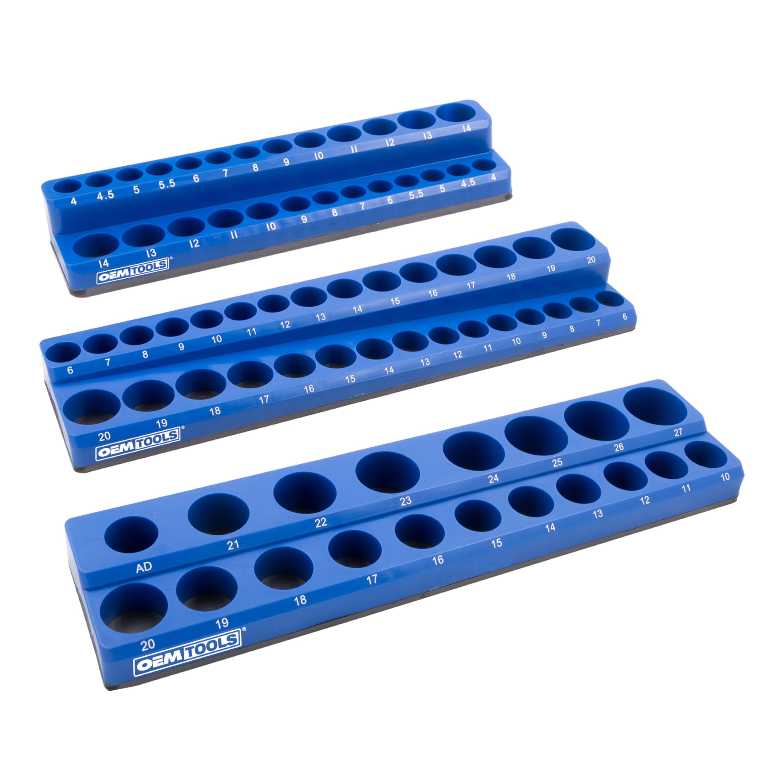 OEMTOOLS 22486 3 Piece Metric Magnetic Socket Tray Set, Magnetic Socket Organizer Holds Up to 75 Sockets in 1/4", 3/8", and 1/2" Sizes, Blue Magnetic Socket Holders