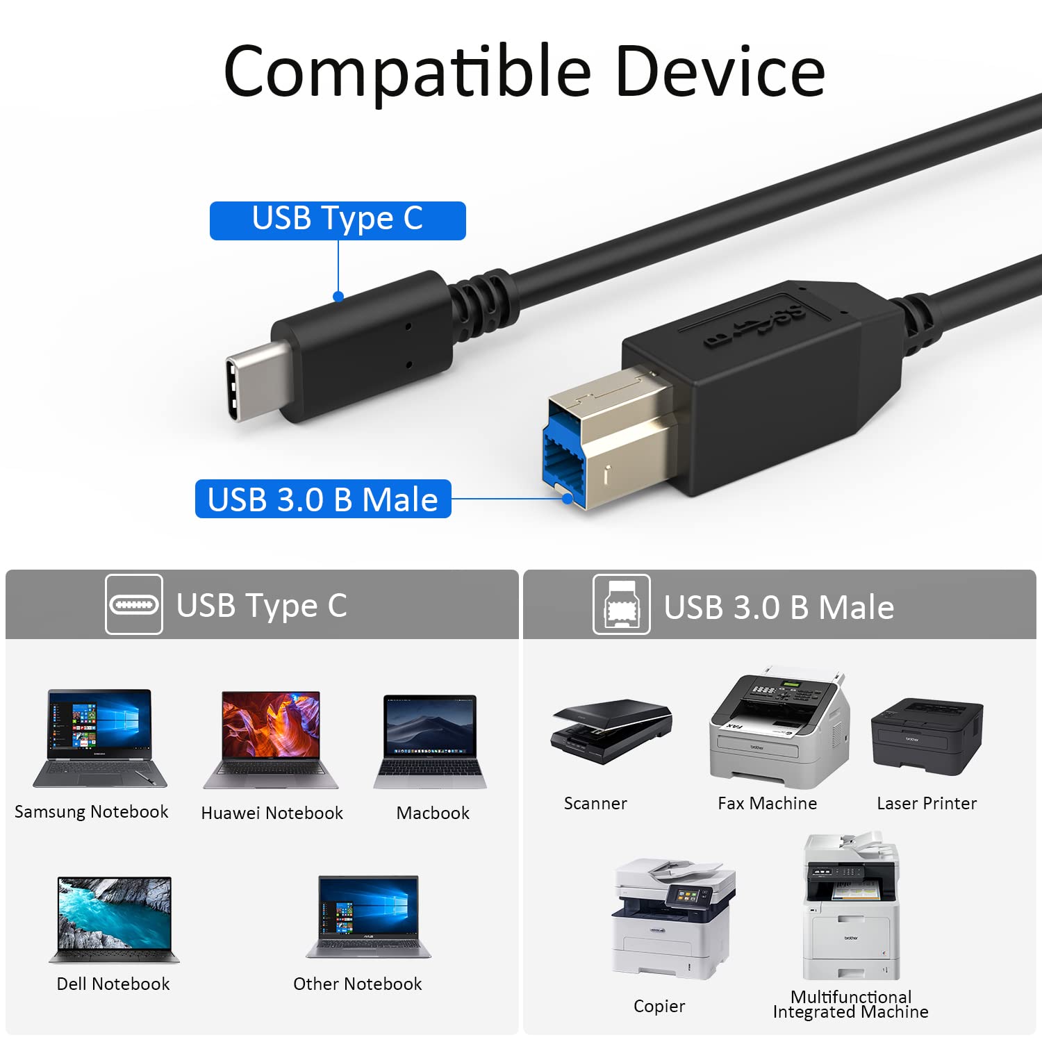 Cavo USB Tipo C A USB B 3 Metri – Compatibile Con Stampanti Brother, Canon, Dell E Molti Laptop