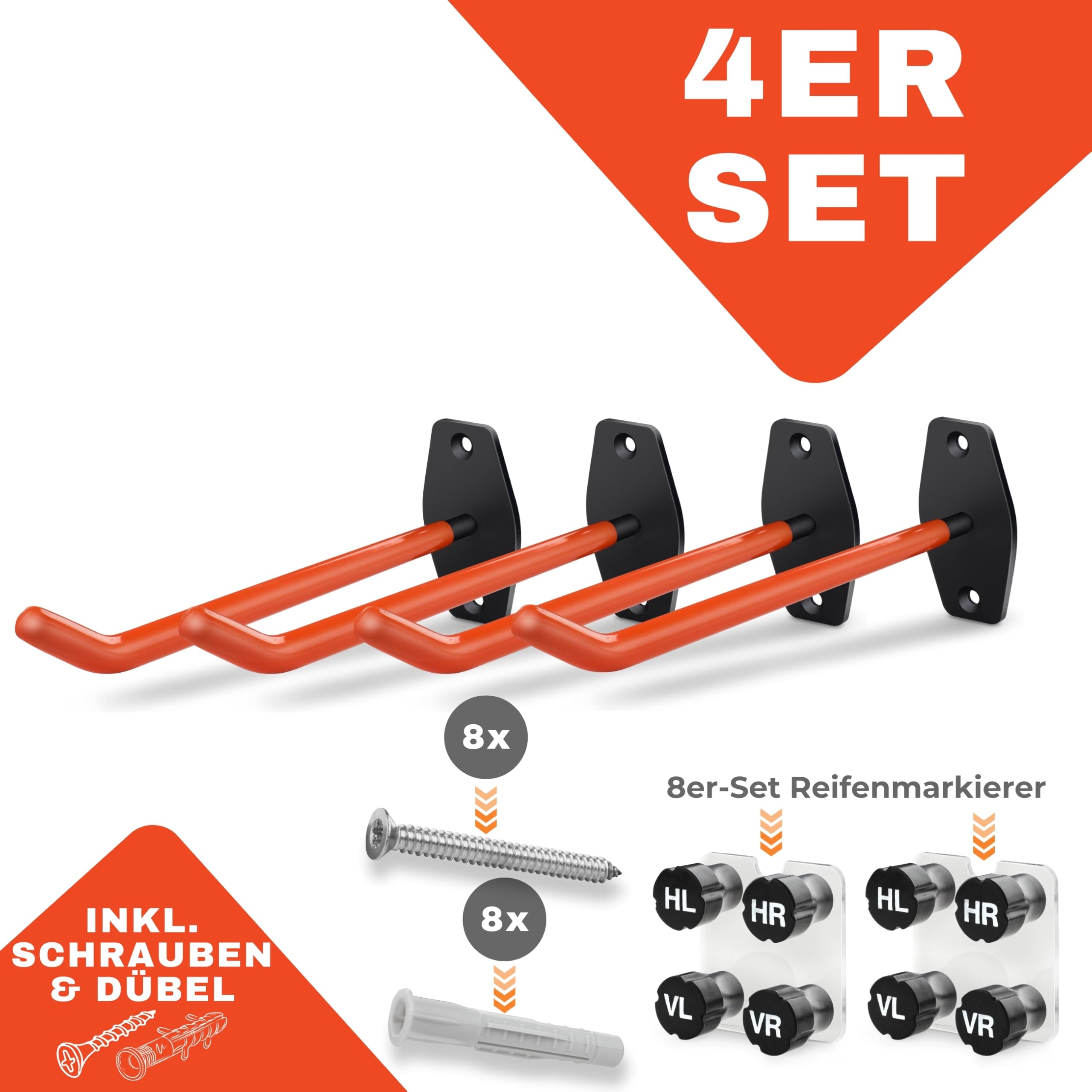 bonsport Wandhaken Reifen 4er Set - Belastbar bis 25kg - Autoreifen Wandhalterung für 4 Felgen - Reifenhalter Felgenhalter Wand Halterung - Reifen Aufhänge Garage