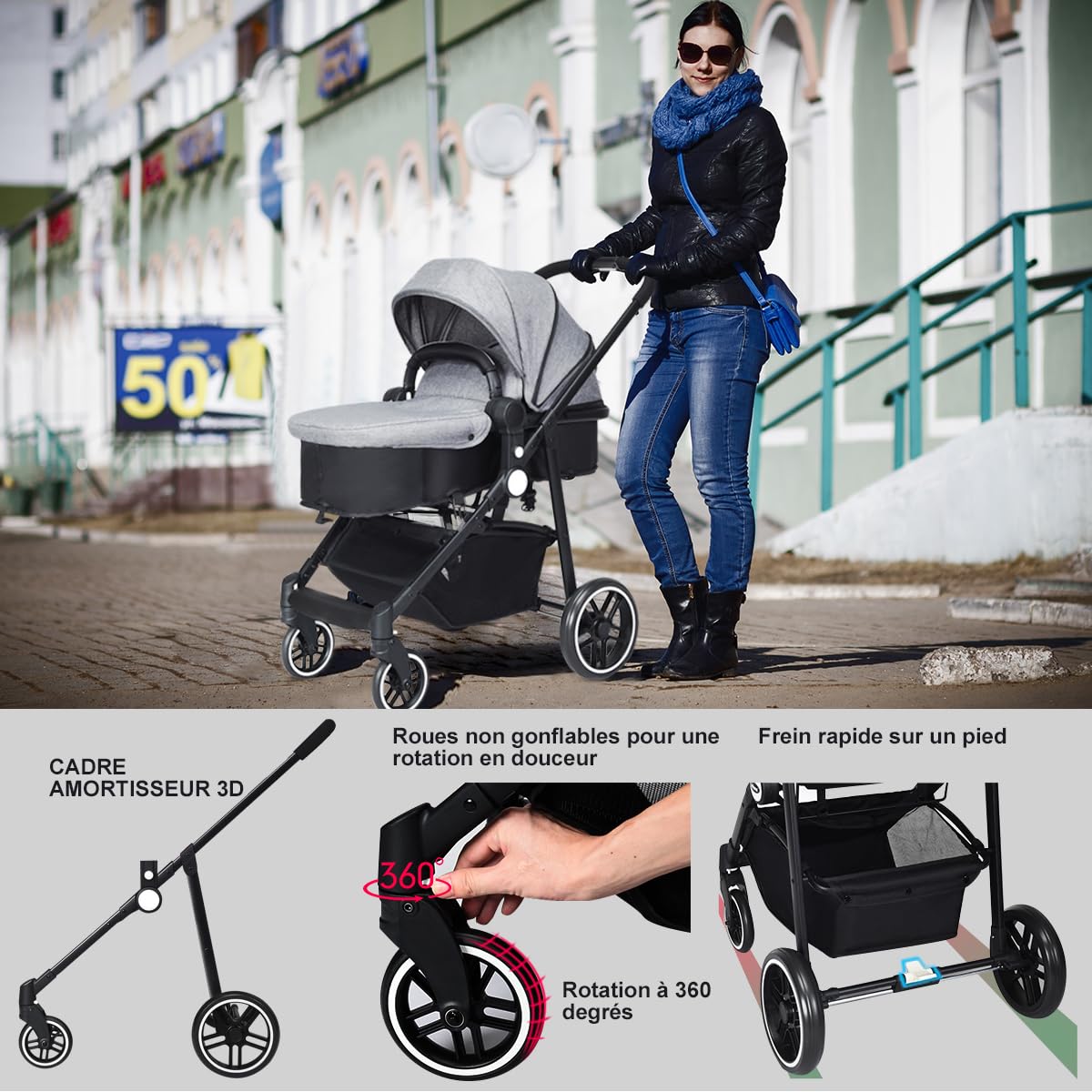 COSTWAY Poussette Canne Bébé Pliable 0-3 Ans avec Siège Réversible, Poussette Haute Paysage avec Auvent & Dossier Réglable, Frein à Pied, Harnais à 5 Points, Porte-gobelet, Charge 15kg(Gris)
