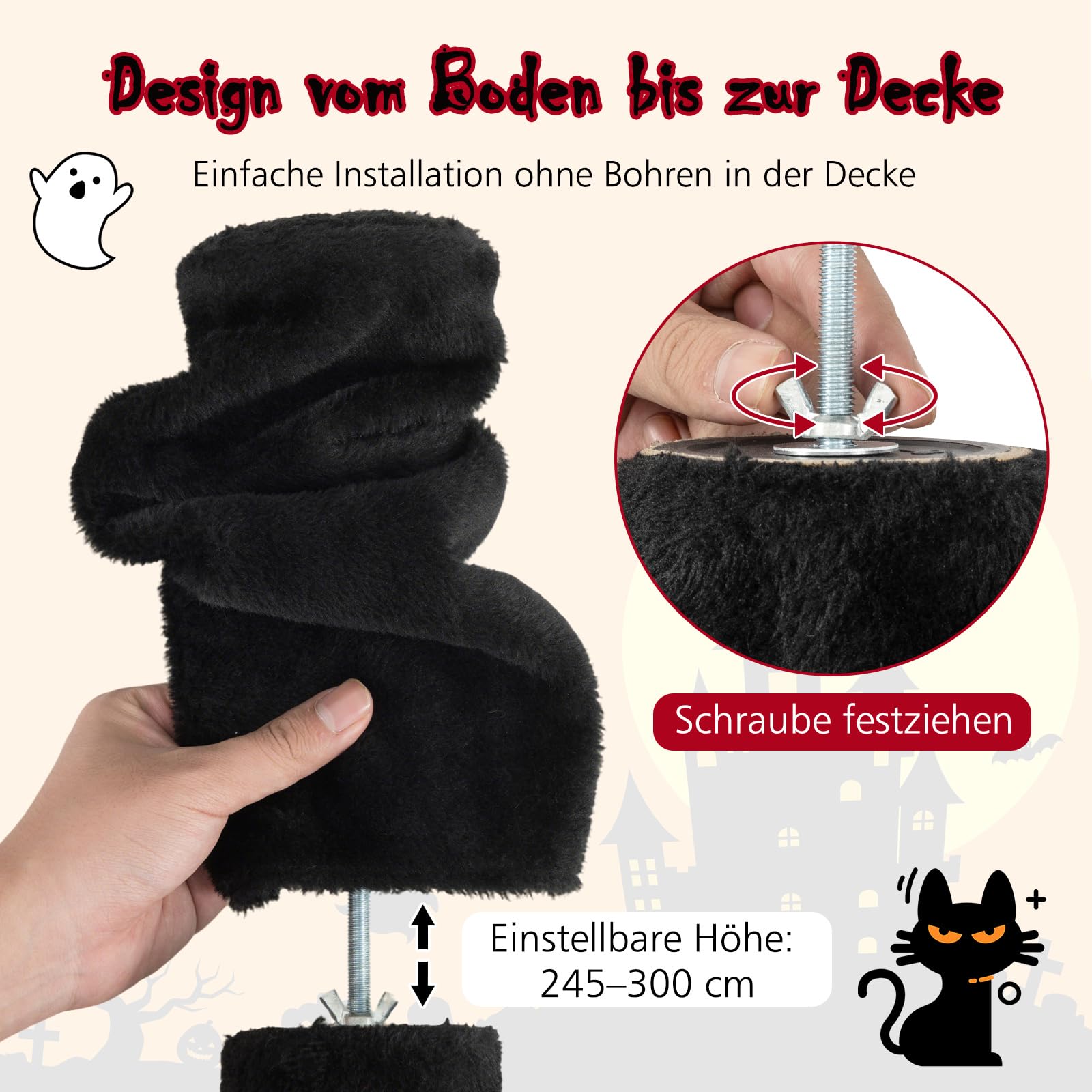 COSTWAY Drapak na sufit, 245-300 cm, od podłogi do sufitu, gotycki Halloween, 5-piętrowy drapak dla kotów, drapak na dużą wysokość, drzewo do wspinaczki z sizalowymi słupami, koszykiem, jaskinią i