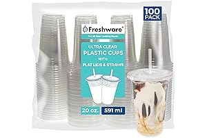 Freshware Clear 20oz Disposable Plastic Cups with Straws and Lids