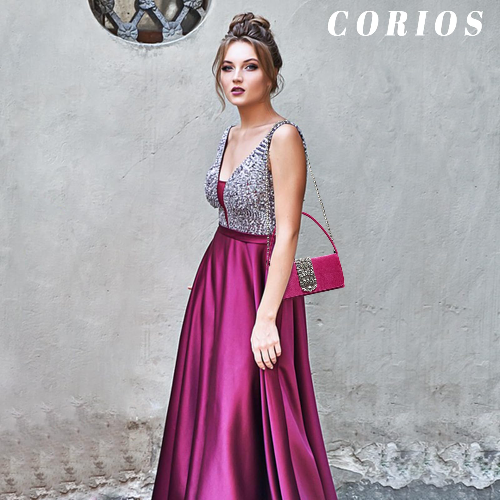 CORIOS Borsetta da Sera da Donna Strass Clutch Pochette Piccolo con Catena Borsa Sposa Elegante Borsa a Spalla Gorgeous Borsa a Tracolla per Cerimonia Festa Ballo Cocktail Rosa Rossa