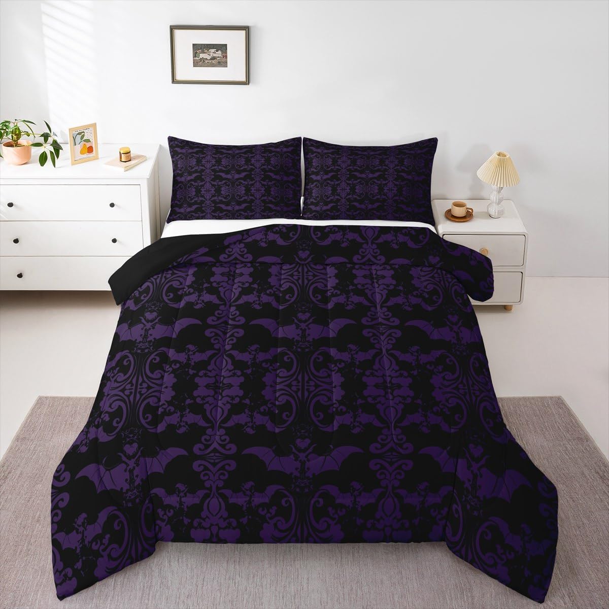 jejeloiu Adults Black Bat Comforter Set Toddler Vintage Boho Damask Floral Baroque Style Bedding Set for Boys Girls Teens Halloween Theme Duvet Quilt Room Decor