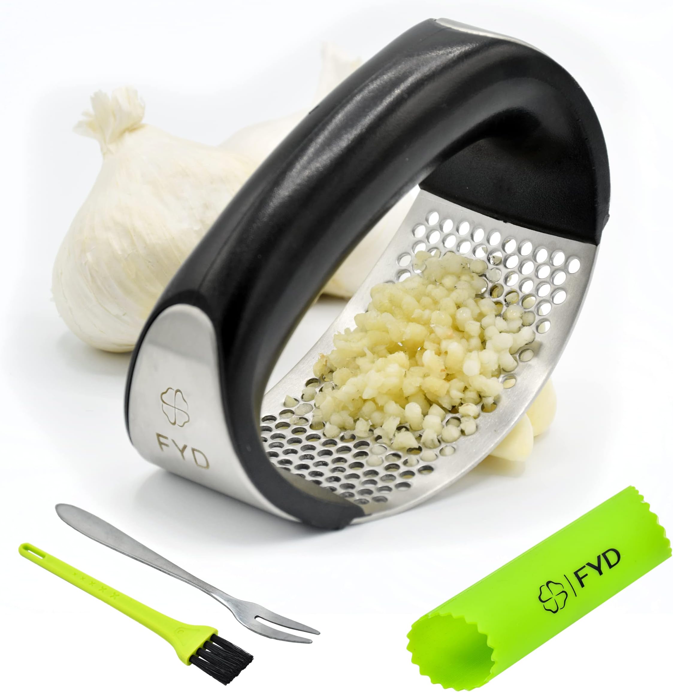 FYD Garlic Press Garlic Peeler Set Stainless Steel - Professional Grade, Dishwasher safe , Comfortable Handle - Professional Kitchen Gadgets Set- Perfect Kitchen gift for any occasion.