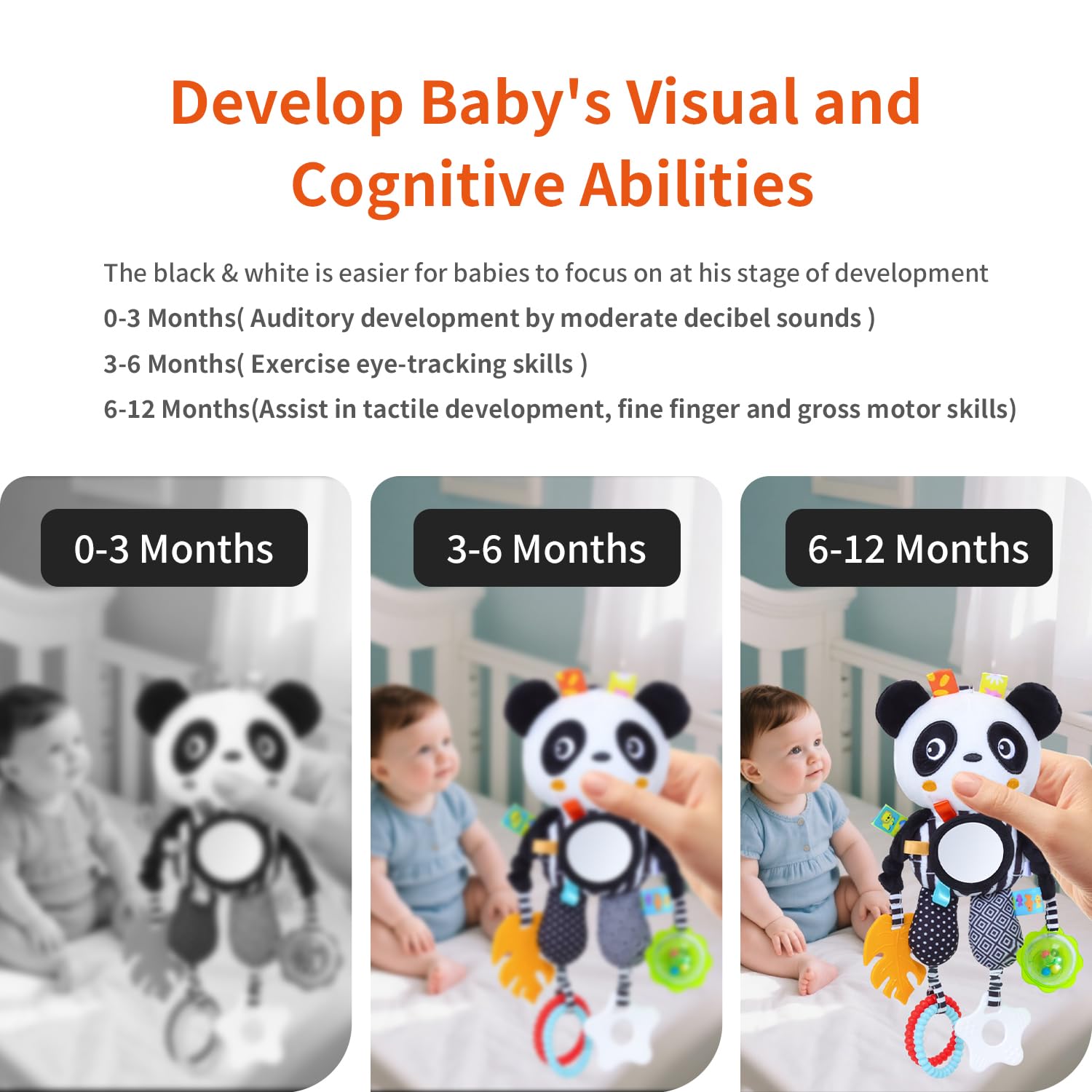 Noir et Blanc Jouets Bébés,Peluche Animal Suspension Hochets Jouet,Bébés Jouet Sensoriel,Nouveau-nés Poussette Jouets Cadeau pour Garçons et Filles 0 3 6 9 12 Mois