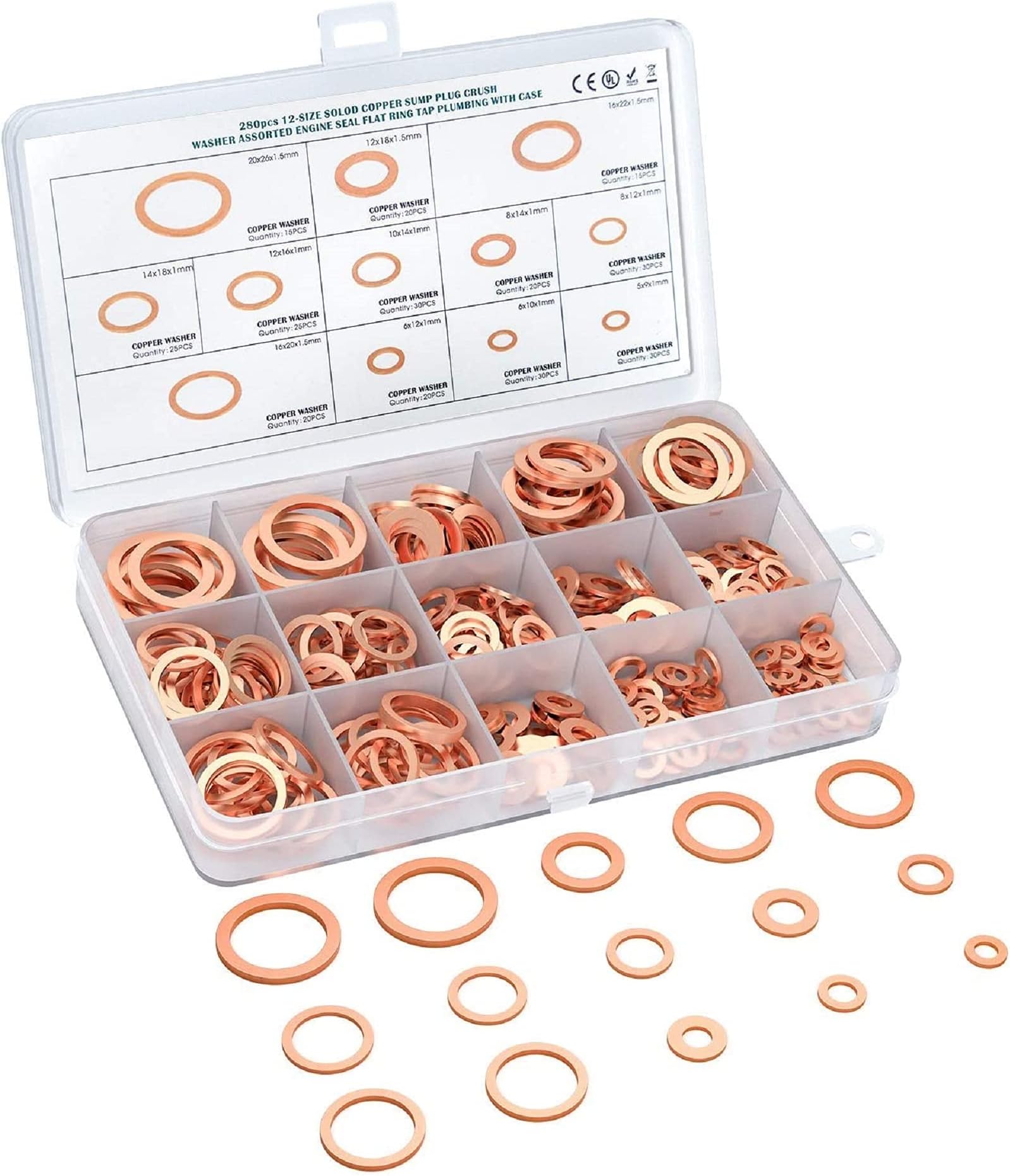 280 Pcs 12 Sizes Copper Washer Set, Muscccm Copper Metric Sealing Washers Assortment Set