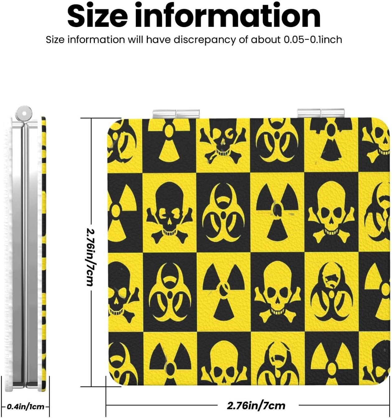 Hazard Pattern Nuclear Skull and Cross Bones Atom Portable Pocket Makeup Mirror - Dual Normal & Magnifying, Pu Leather Square image 3