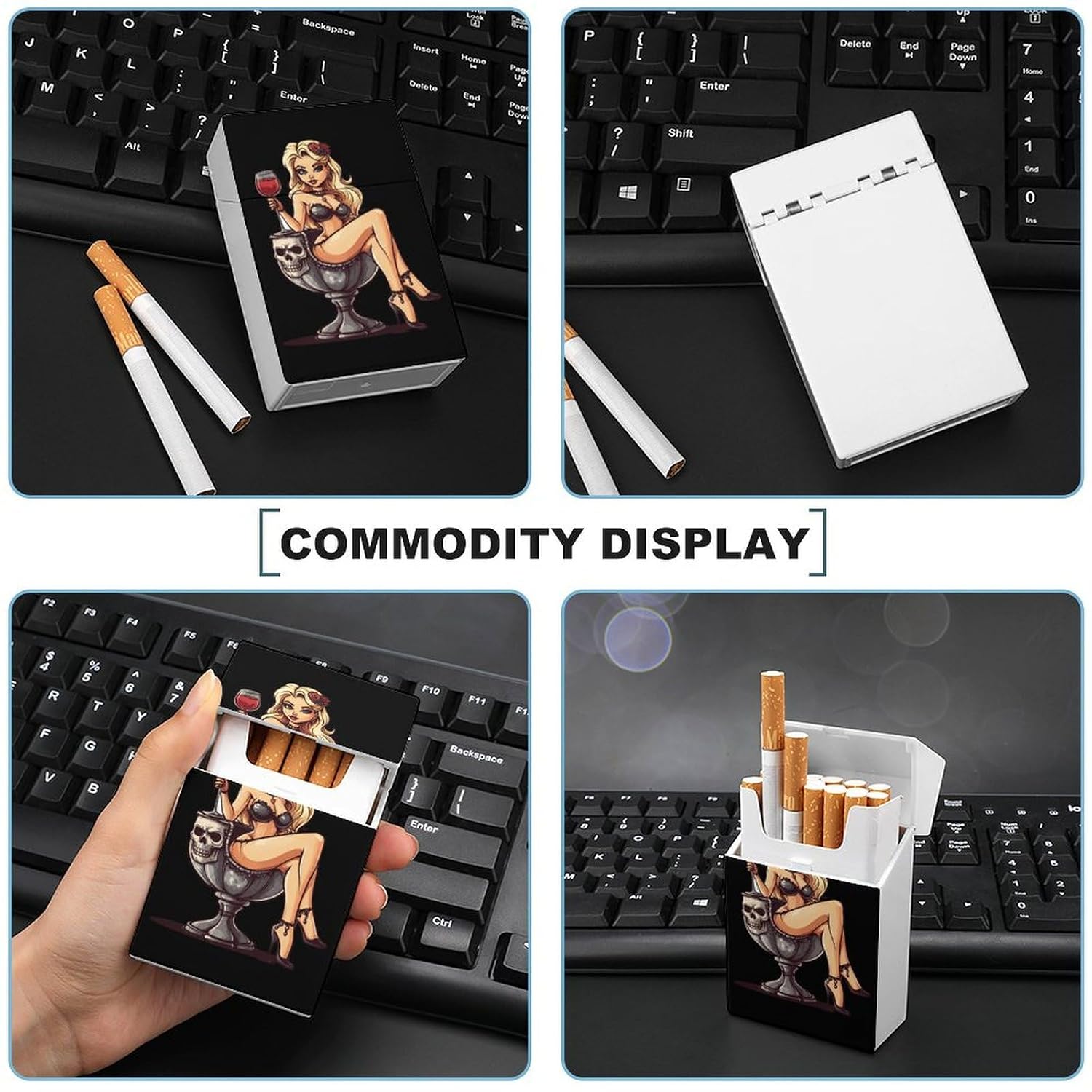 Pin-Up Girl Skull Goth Girl Cigarette Case Flip Open Waterproof Cigarette Holder Box for Men Women