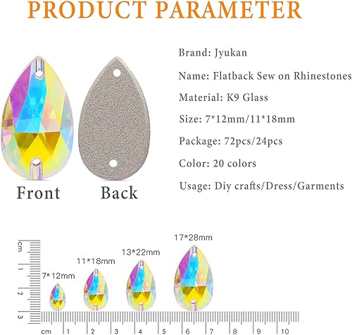 Miniatura 2 de Diamantes de imitación en forma de lágrima para coser, parte trasera plana, 72 piezas de diamantes de imitación de cristal con parte trasera plana