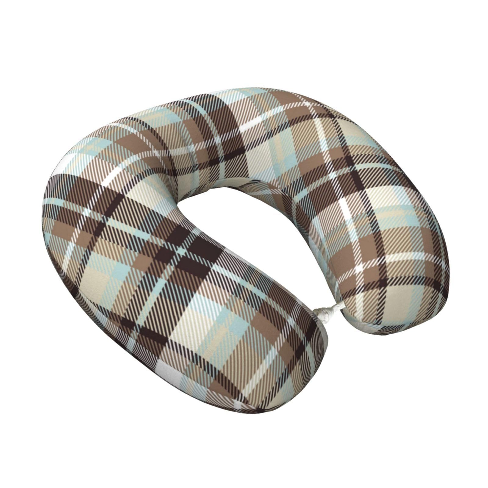 LKYMOH Brown Blue Check, Travel Neck Pillow U-Shaped Memory Neck Support Soft Comfortable With Washable Cover For Airplane Car Traveling and Office