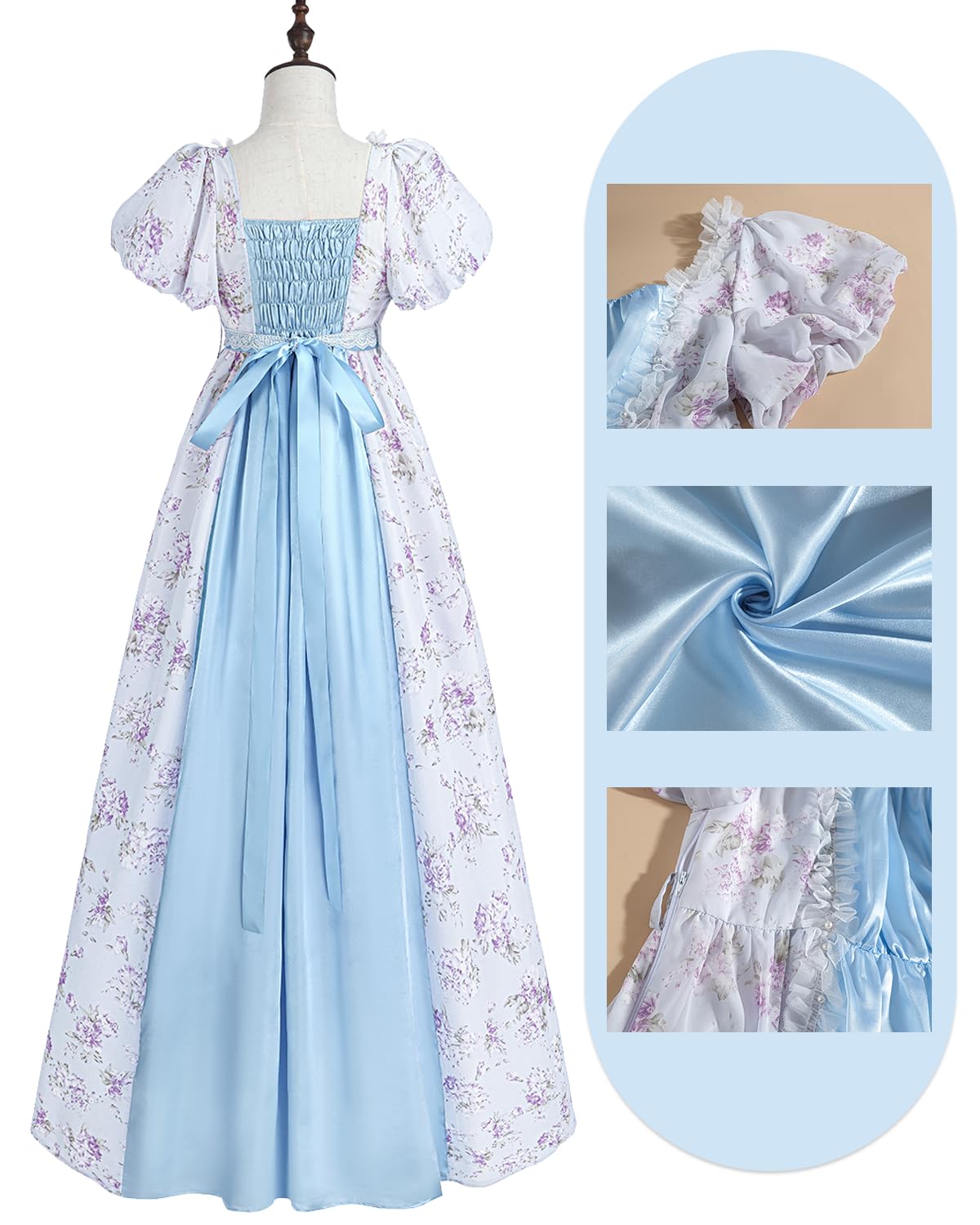 LTAKK Abito da donna Regency vintage con vita impero vittoriano Tea Party con guanti a fascia
