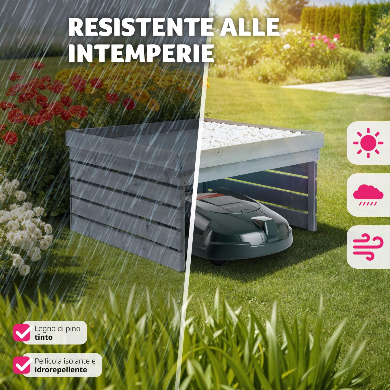 tectake® Riparo per Robot Tagliaerba, Garage Robot Tagliaerba Resistente alle Intemperie, Spazioso Garage in Legno di Pino, Tetto Piantabile, Copertura Robot con Telone, 78 x 84 x 86 cm - Grigio