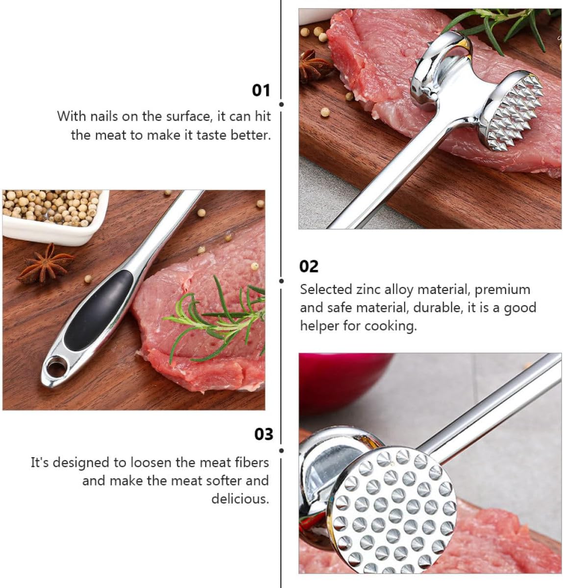 BESPORTBLE Zinc Alloy Double-sided Meat Tenderizer Hammer Mallet for Kitchen Use Household Pounder Tool for Beef Chicken Poultry Ultra Sharp Needles for Tenderizing and Softening Meat Fibers