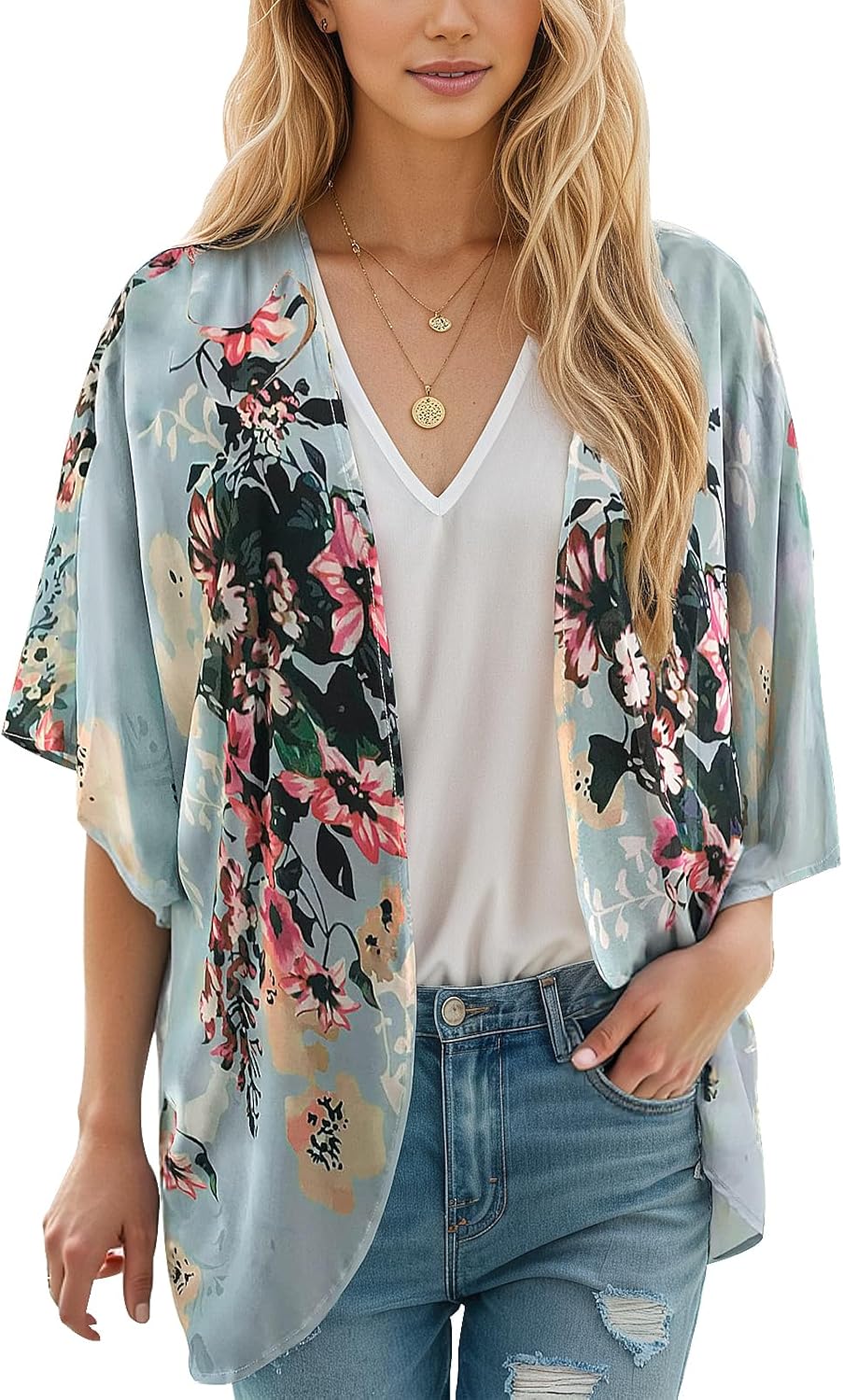 Women's Floral Print Puff Sleeve Kimono Cardigan Loose Cover Up Casual Blouse Tops
