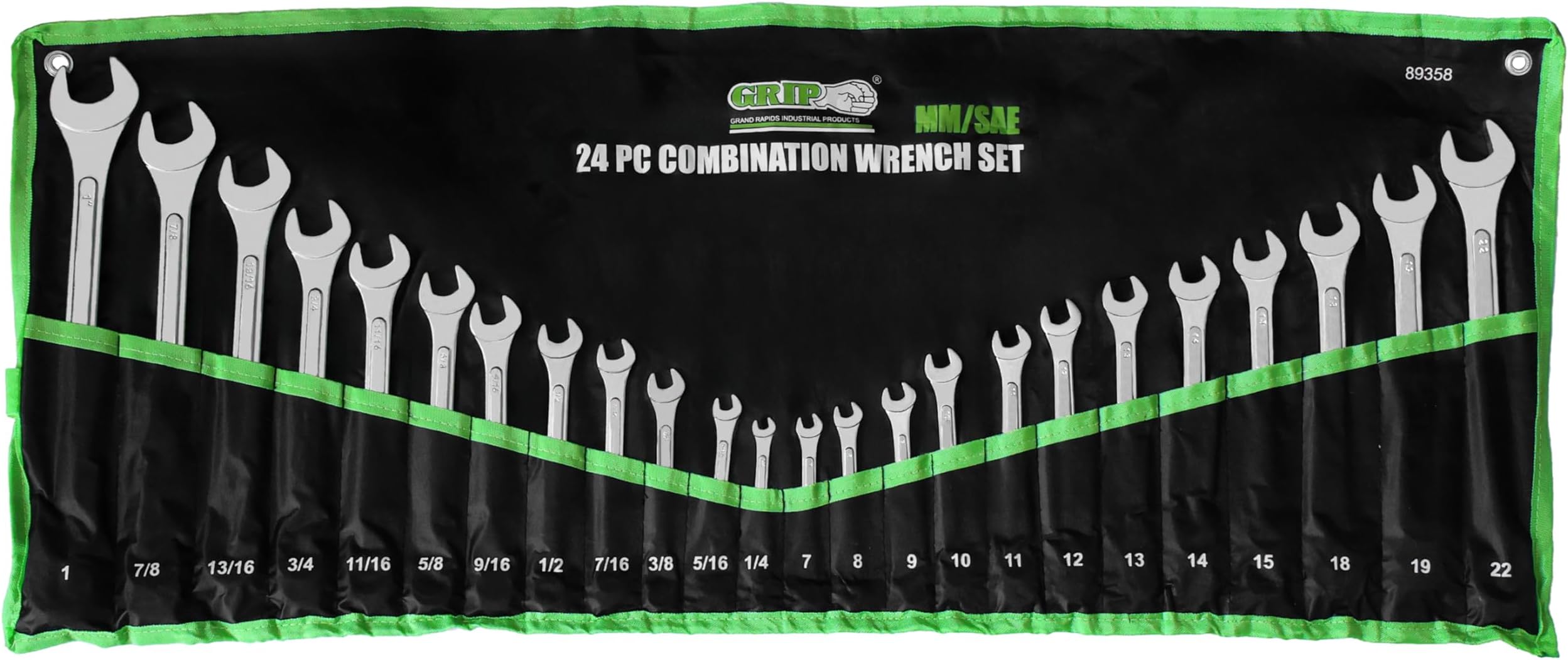 Grip 24 pc Raised Panel Combination Wrench Set MM/SAE - 12 point - Metric 7mm to 22mm - SAE 1/4” to 1" - Roll-up Storage Pouch - Household, Garage, Auto Repairs, Cars, Trucks, Boat