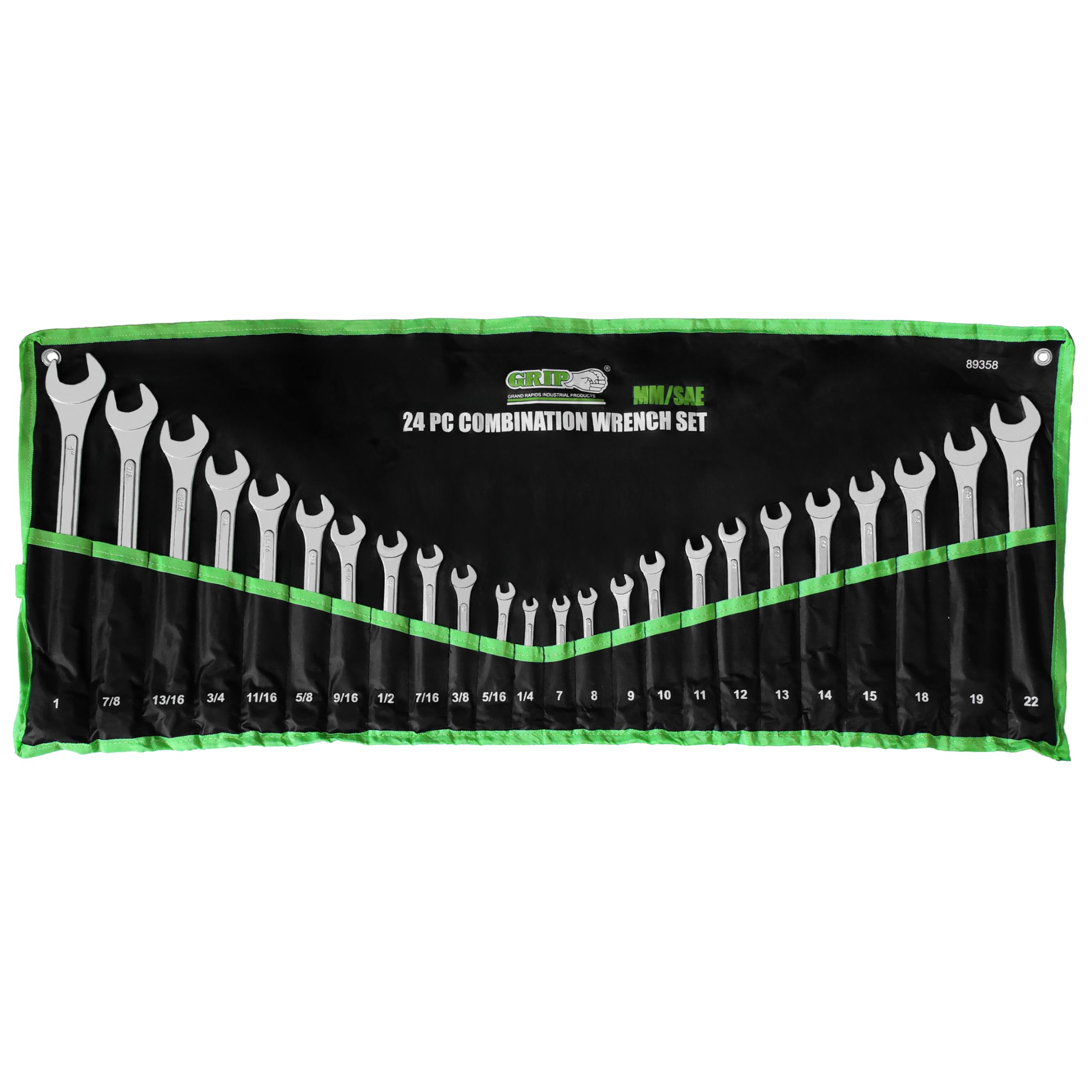 Grip 24 pc Combination Wrench Set MM/SAE - Raised Panel - Open & Boxed Ends - Roll-up Storage Pouch - MM: 7mm to 22mm - SAE: 1/4” to 1”