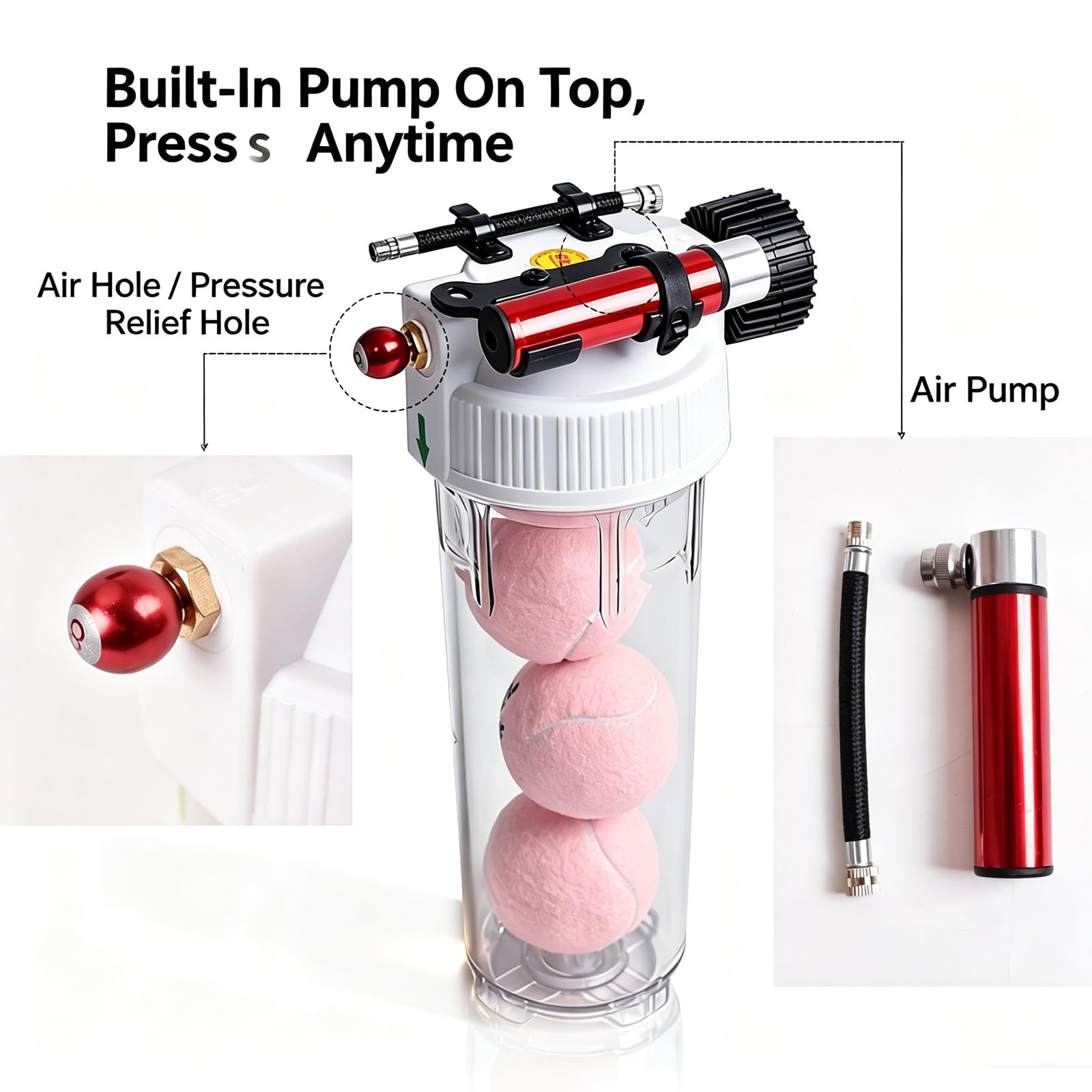 Pressurizzatore per Palline da Tennis, Salva-Palline da Tennis, Pressione Dellaria Regolabile da 0 A 30 Psi, capacità per 4/8/12 Palline, con Manometro E Pompa Manuale, Chiave 8‑Ball