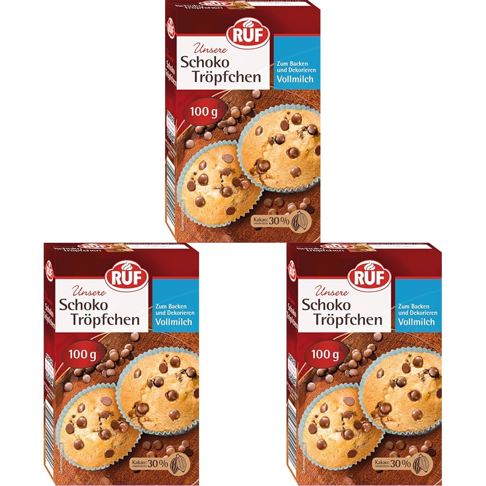 RUF Schoko-Tröpfchen Vollmilch, backfeste Schokoladen-Tropfen zum Backen & Dekorieren von Kuchen & Co., Topping für Porridge, glutenfrei & vegan (Packung mit 3)