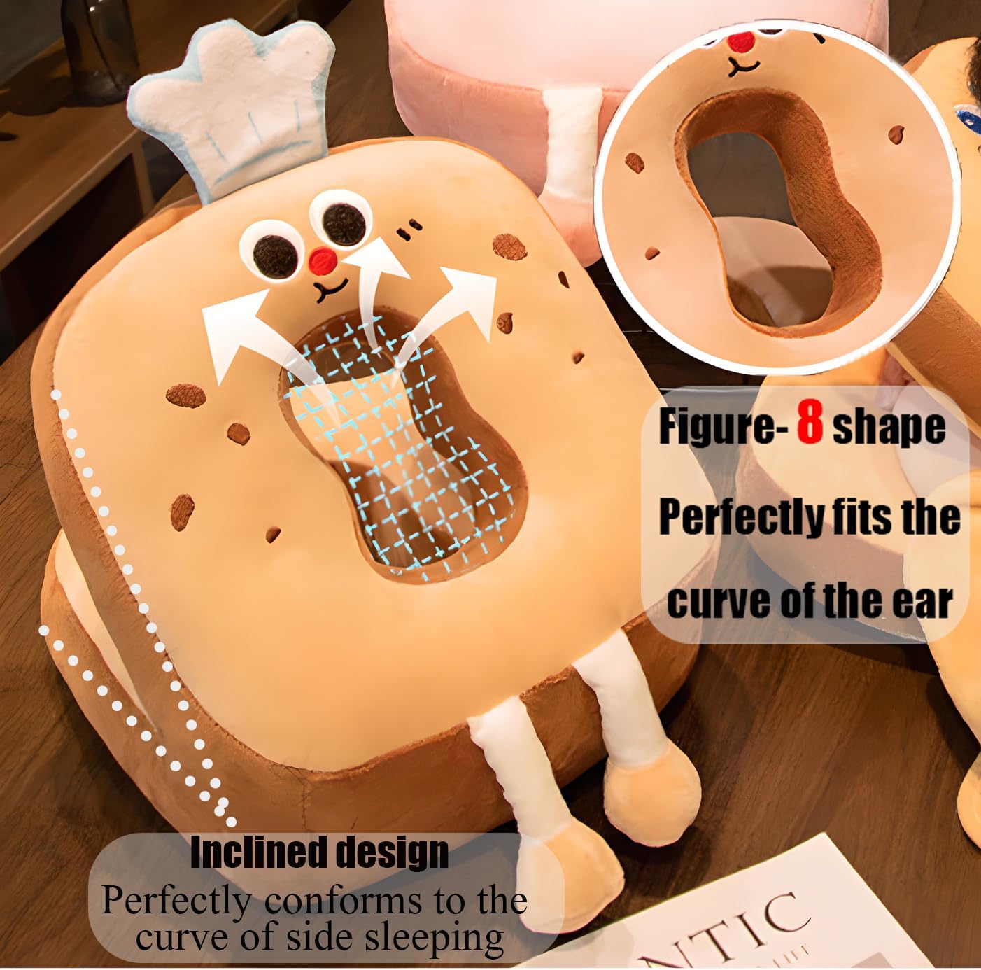 Ear Piercing Pillow for Side Sleepers,Donut Pillow for Ear Cute Cartoon Pain Relief A-Side: Crystal Velvet; B-Side: Cool Ice Grid, Washable