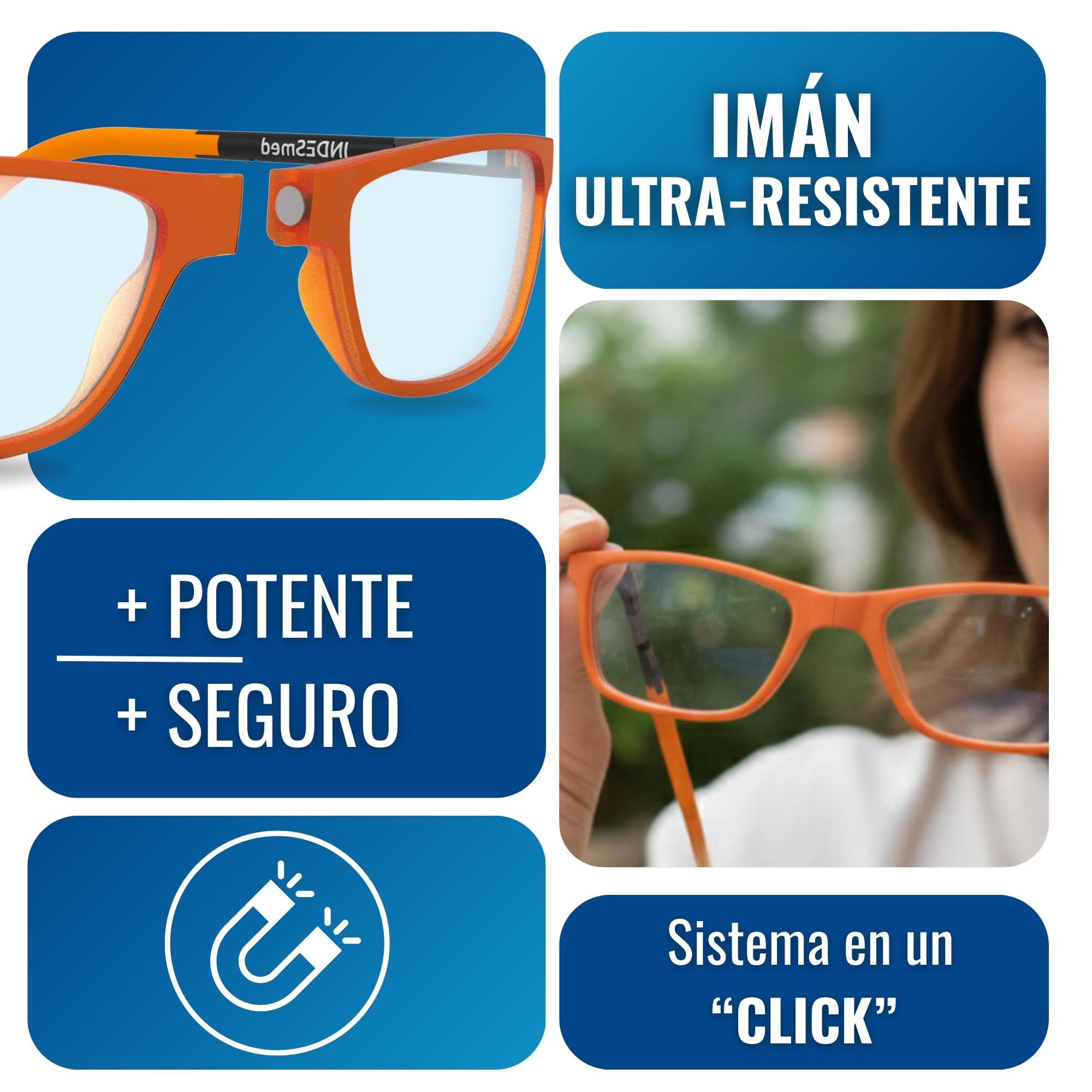 INDESMED Gafas de Lectura Magnéticas con Filtro de Luz Azul Ajustables | Ajuste Preciso Patentado 7 Posición, Ligeras, Diseño Moderno, Hombre y Mujer, Cordón Intercambiable y Flexible | INDESmed