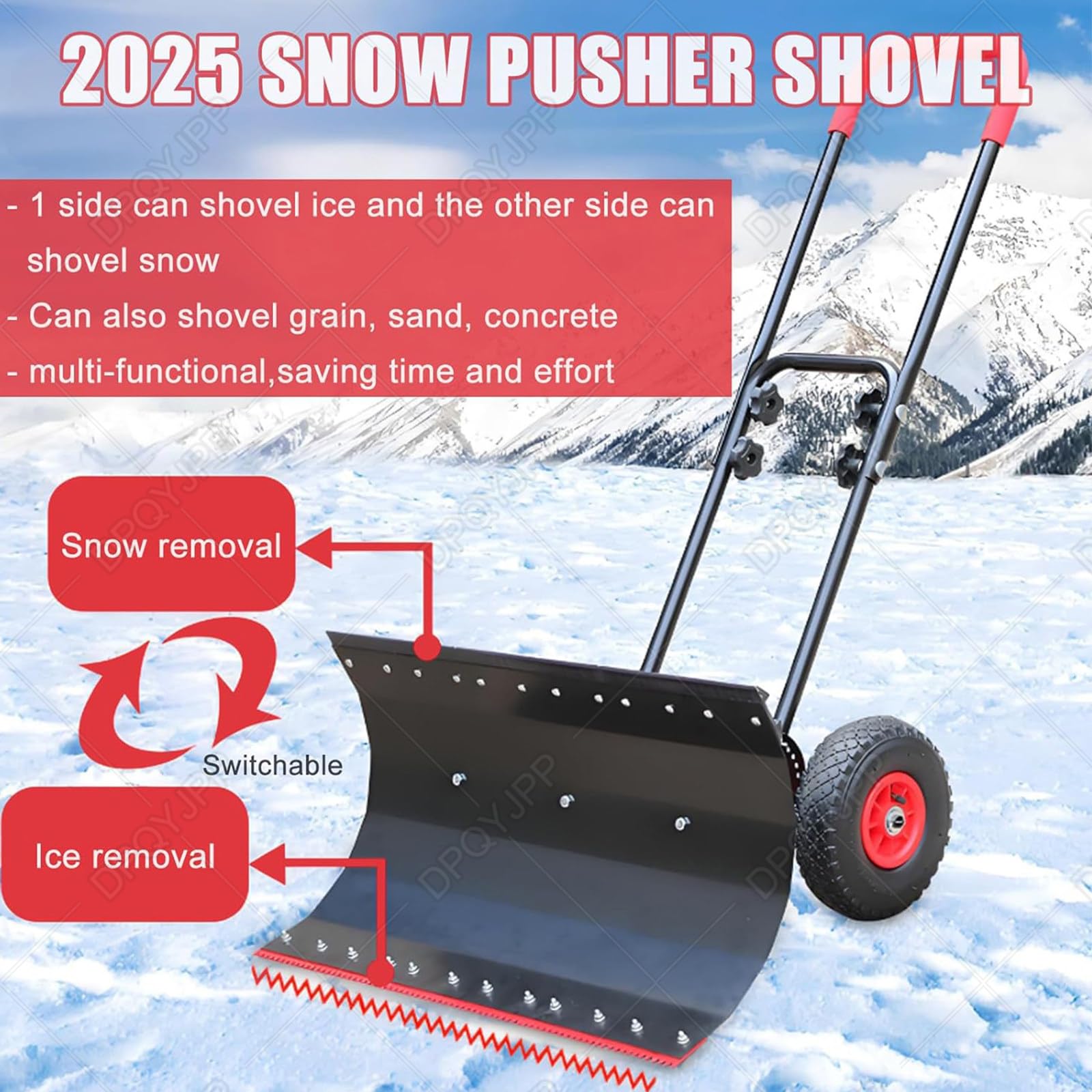 Pala de nieve para entrada, pala de empuje de 42 cm con ruedas antideslizantes, empujador de nieve ajustable de 360° para pasarela y herramienta de eliminación de hielo
