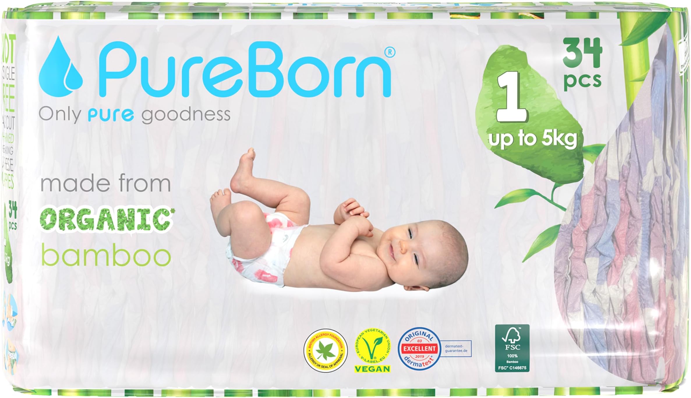 Nappies Pure Organic Bamboo Nappies – Nappies Size 1 Hypoallergenic 34-Nappies Ultra Soft (Up to 5Kg) 100% Plant Based Eco Friendly Assorted Print PureBorn