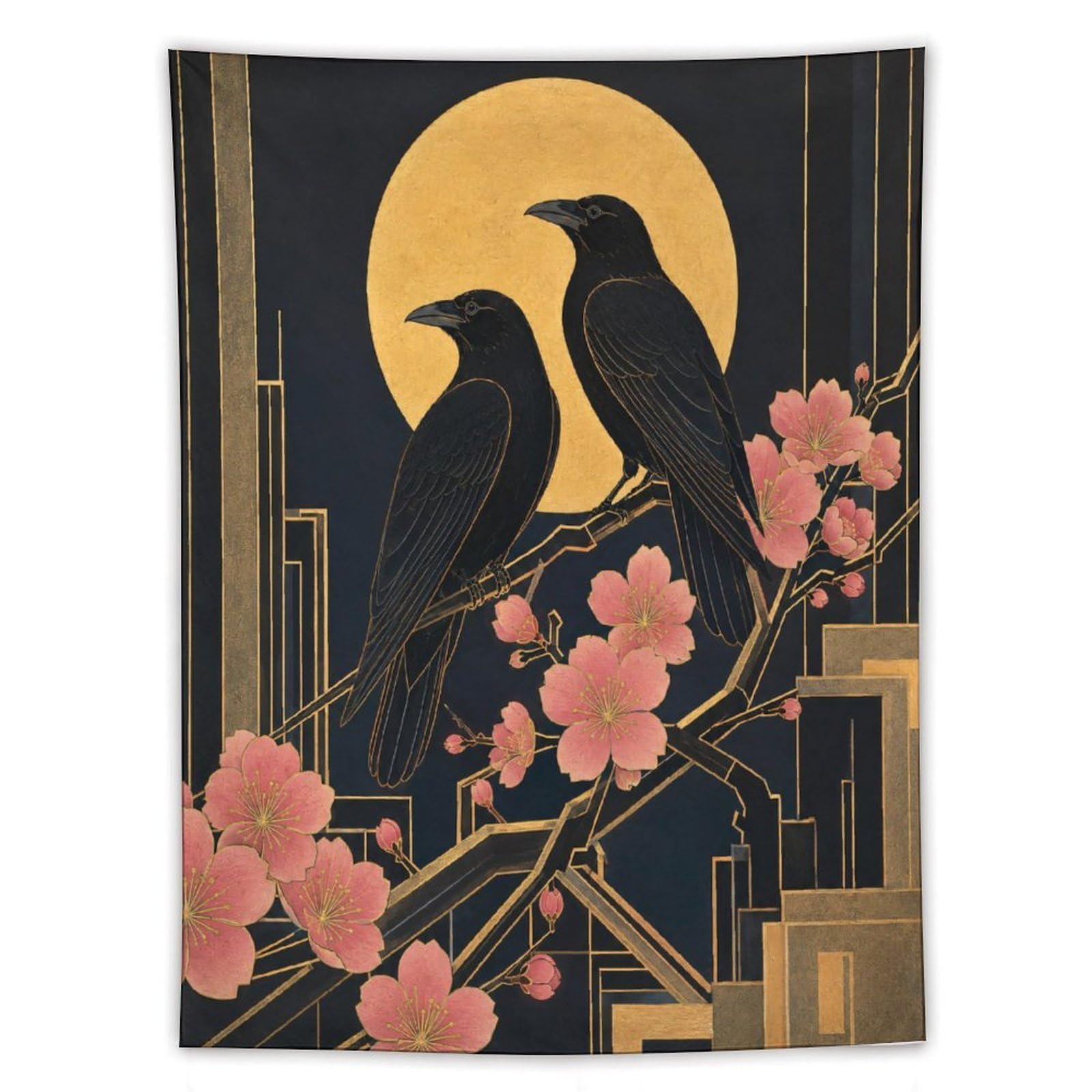H3B8U2Y5 Raven Pair under Golden Moon Wall Tapestry, Living Room