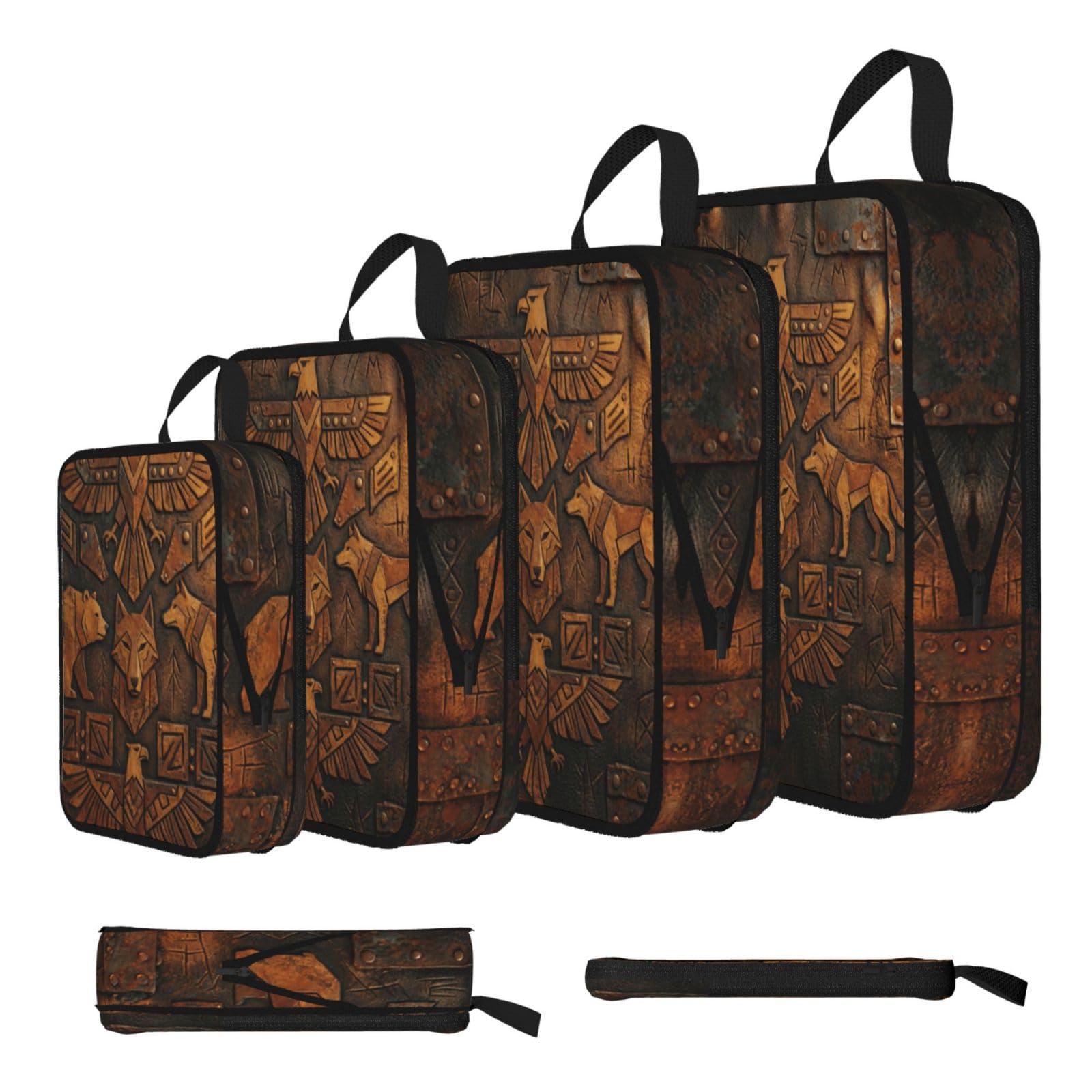 Sxzvvbn Black Tribal Bear Wolf Bird Print Compression Packing Cubes 4 Piece Set