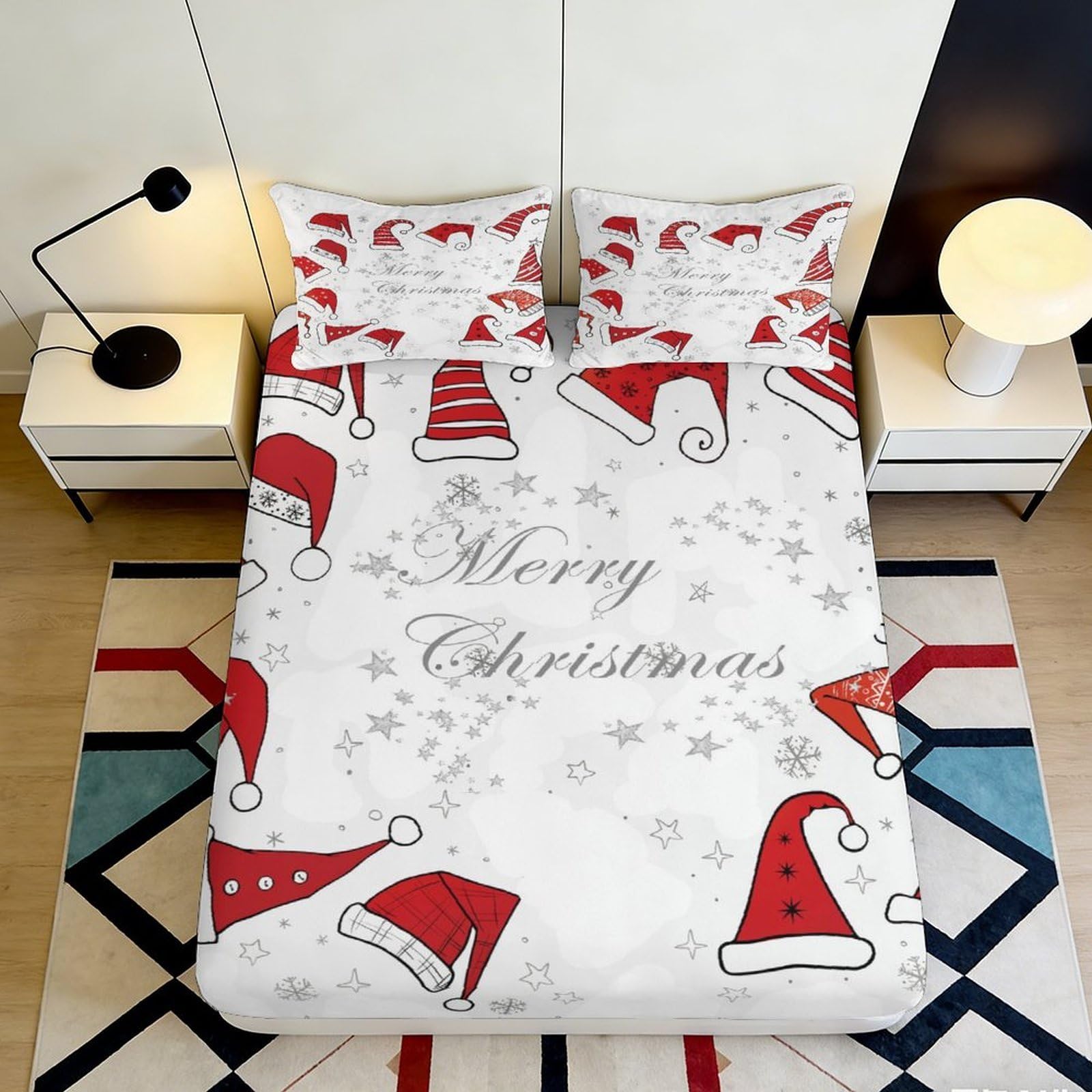 3D Printed Christmas Santa Hat Fitted Sheet Microfiber Soft Bedroom Decor Merry Christmas Bed Cover 90x200x25cm