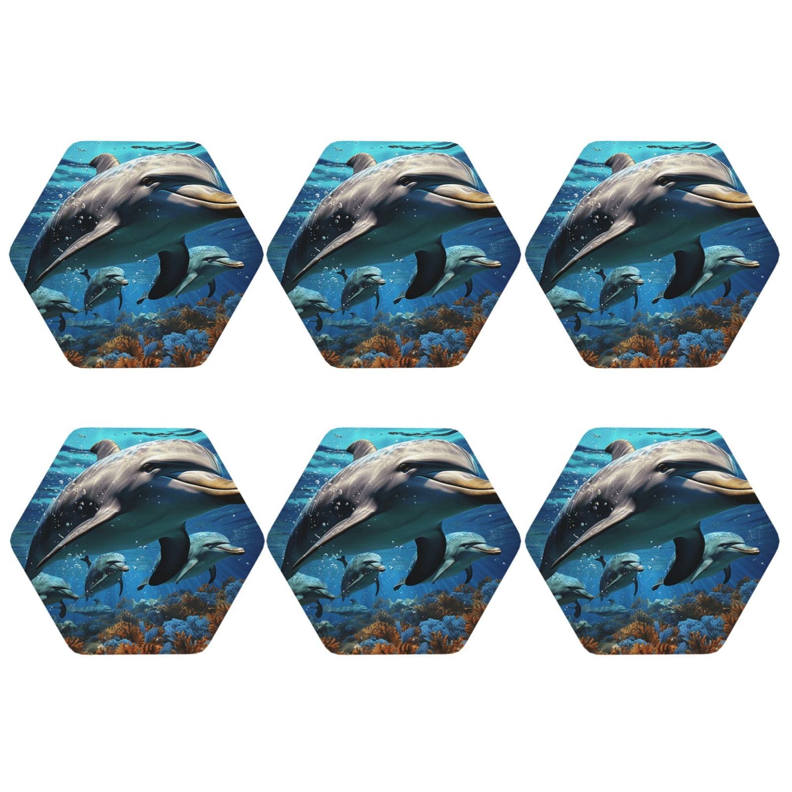 6Pcs PU Leather Coaster for Drinks, Dolphins Cup Coastersr 4" Cup Mat Pad, Aesthetic Drink Coasters for Coffee Table, Hexagon Coaster for Tabletop Protection
