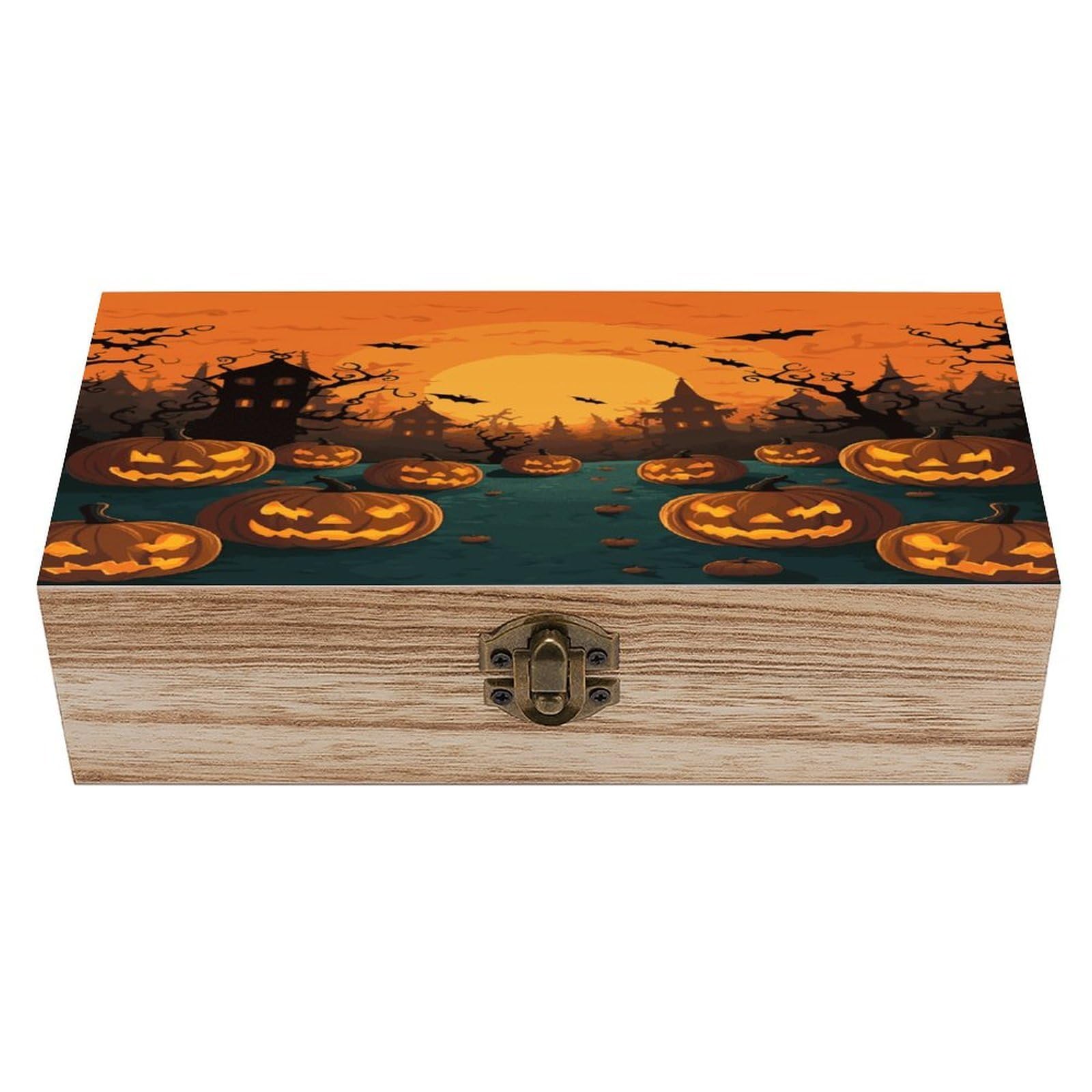Btcowzrv Style Halloween Orange Wooden Storage Box, Keepsake Box With Hinged And Retro Lock, Wood Jewelry Organizer For Photos & Mementos And Home Decor