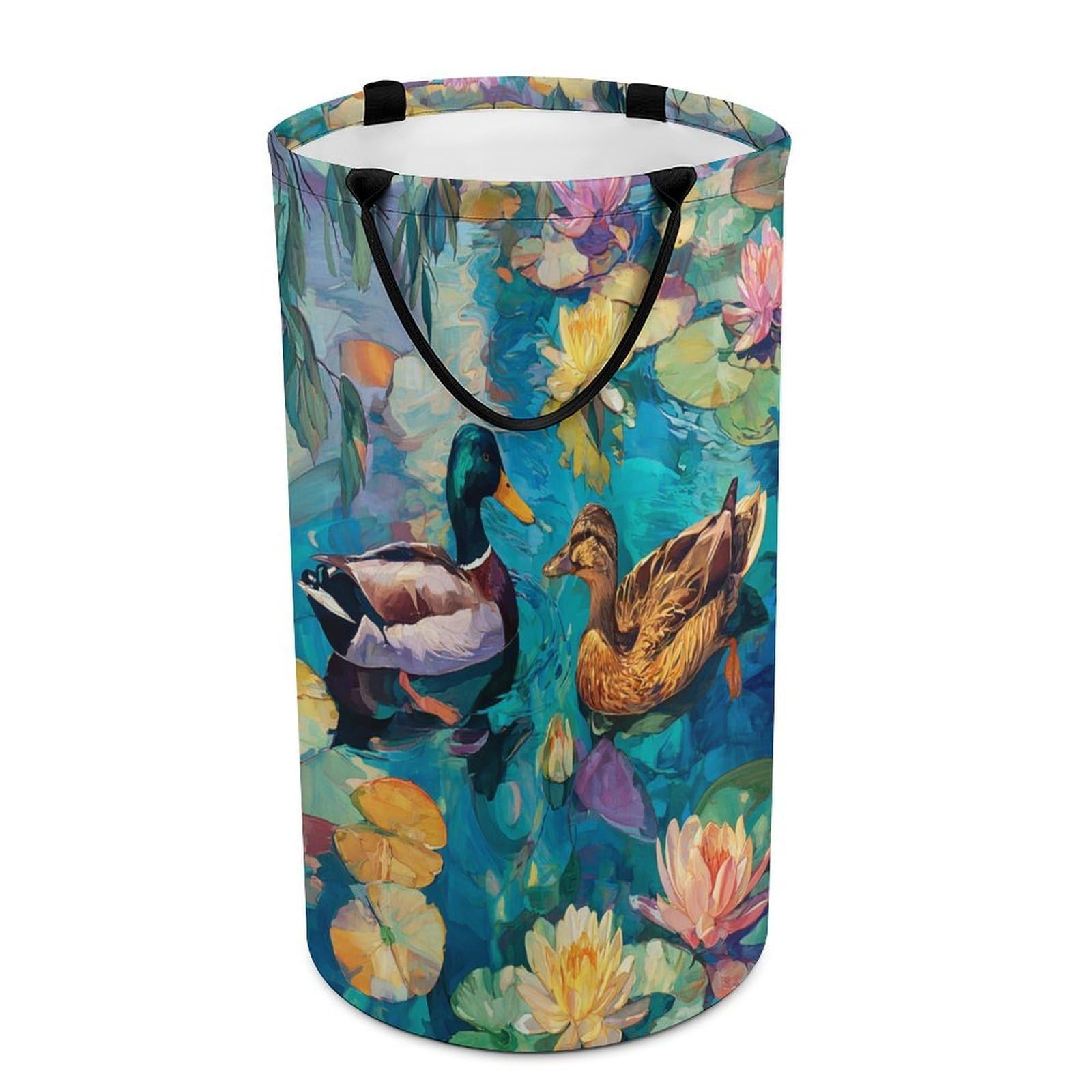 LUYYSKY Retro Rustic Animal Duck Versatile Storage Laundry Basket, Beautiful Realistic Plant Lotus Flowers Wildlife Mallard Large Bathroom Laundry Hamper With Handle-40 CM Dia, 69 CM High