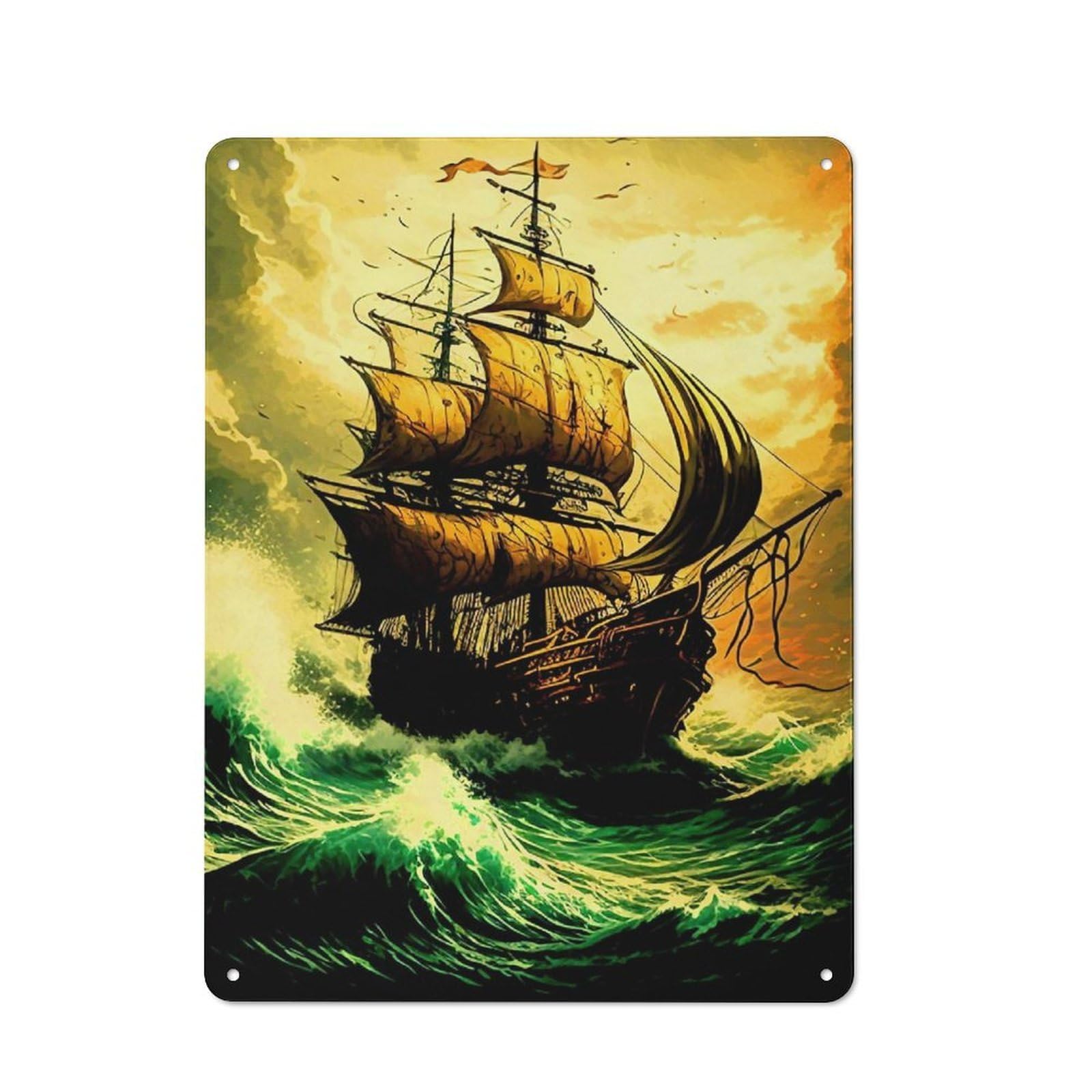 Tin Sign 40x30cm with Fantasy Ship for Workshop Wall, Rustic Decor, Suited to Workshop Decor Fans