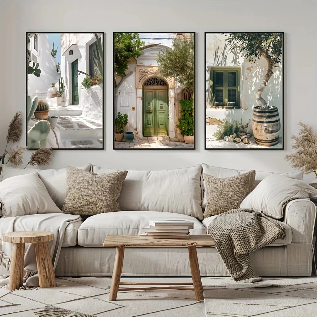 GKUVBF Stampe su tela di architettura mediterranea - Arte murale in stile moderno, stampe su tela per soggiorno, arredamento moderno per la casa (30x45cm x 3/cornice interna)