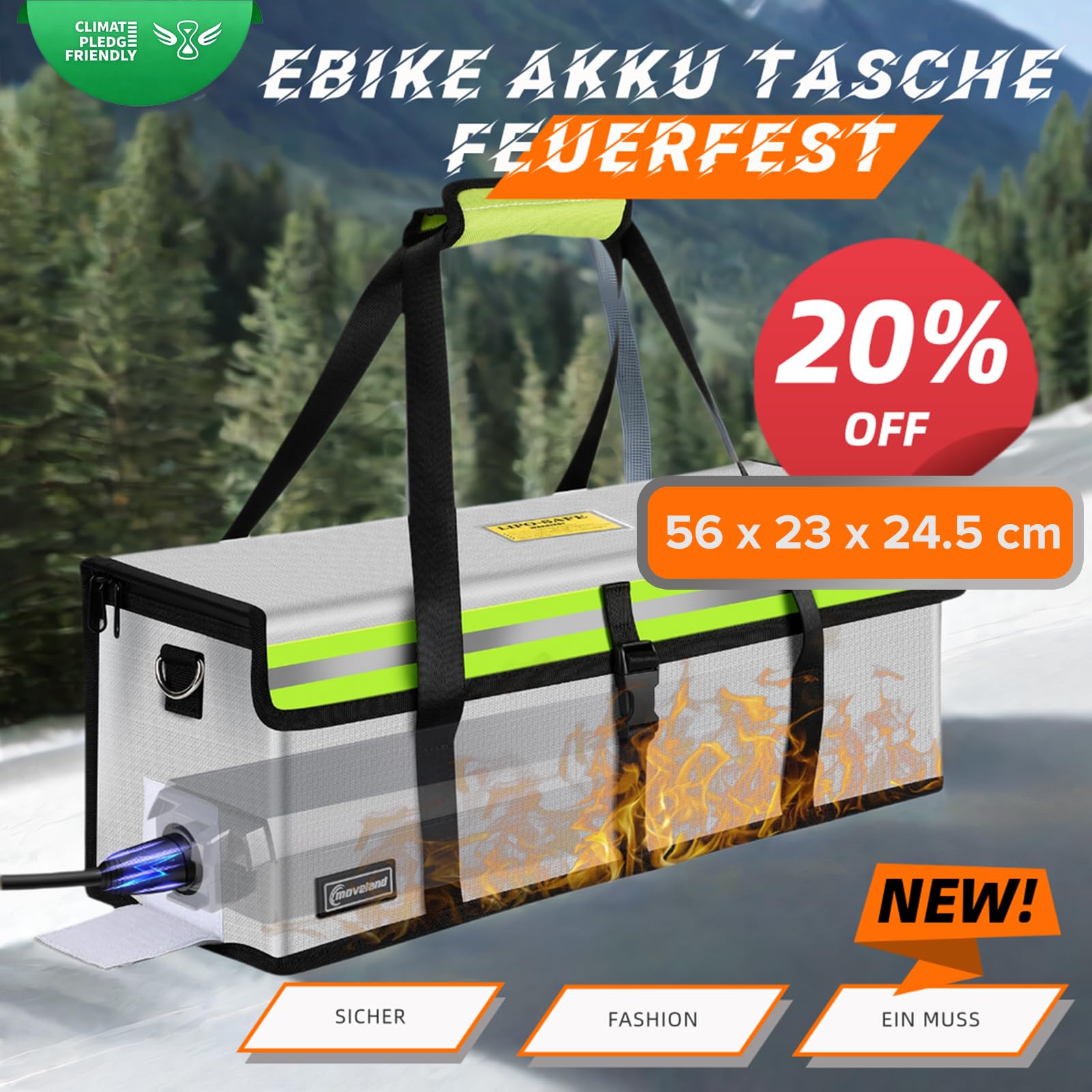 moveland Ebike Akku Tasche Feuerfest+ Mini Fahrradpumpe Elektrisch | Auto-Stopp Elektrische Luftpumpe Fahrrad mit Presta/Schrader Ventilen, Digitalem Manometer für E-Bike, MTB, Stadtrad, Rennrad